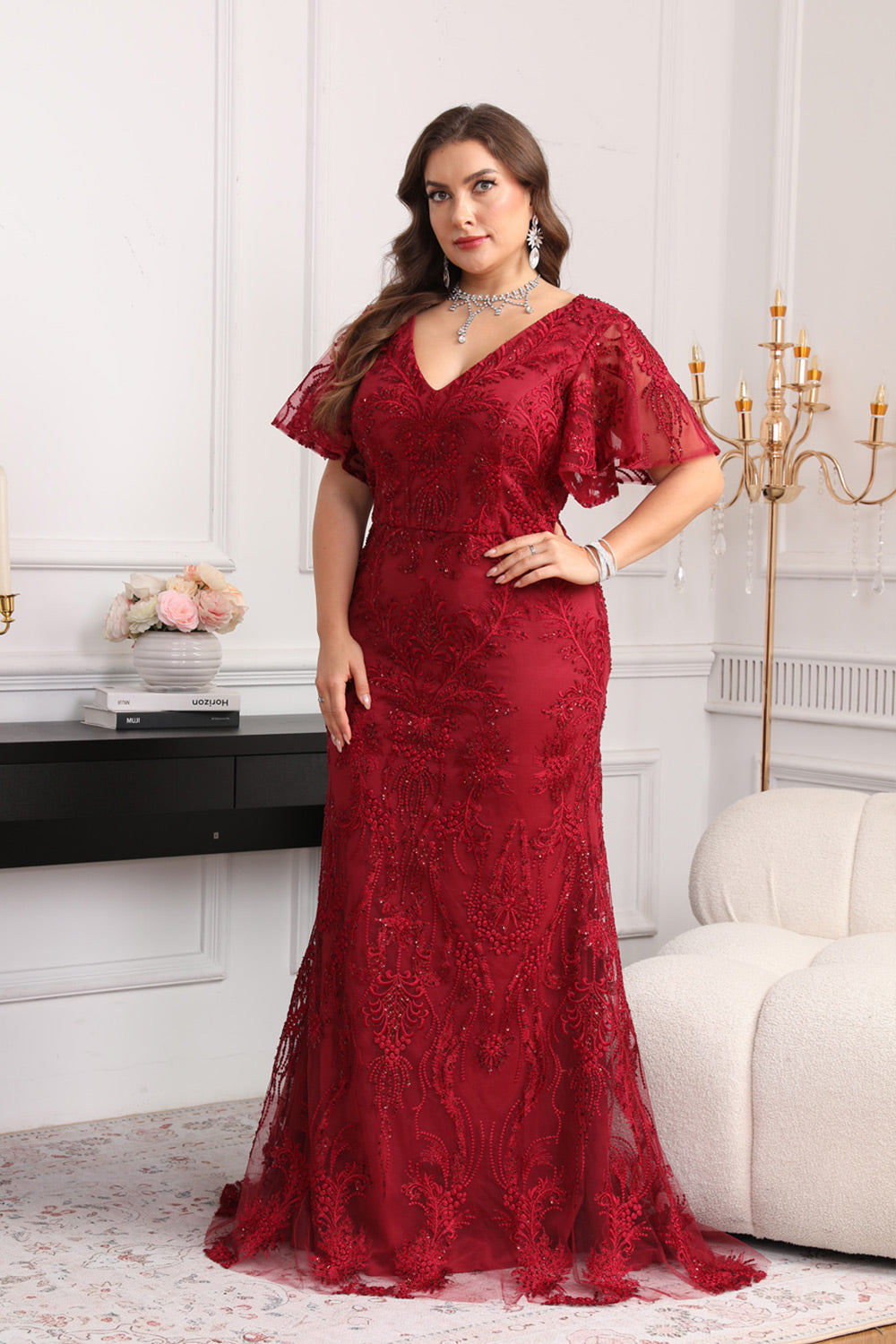Plus Size Burgundy Mermaid Mother of the Bride Dress with Flutter Sleeves & Lace Appliques SF604 Sheer Fairy