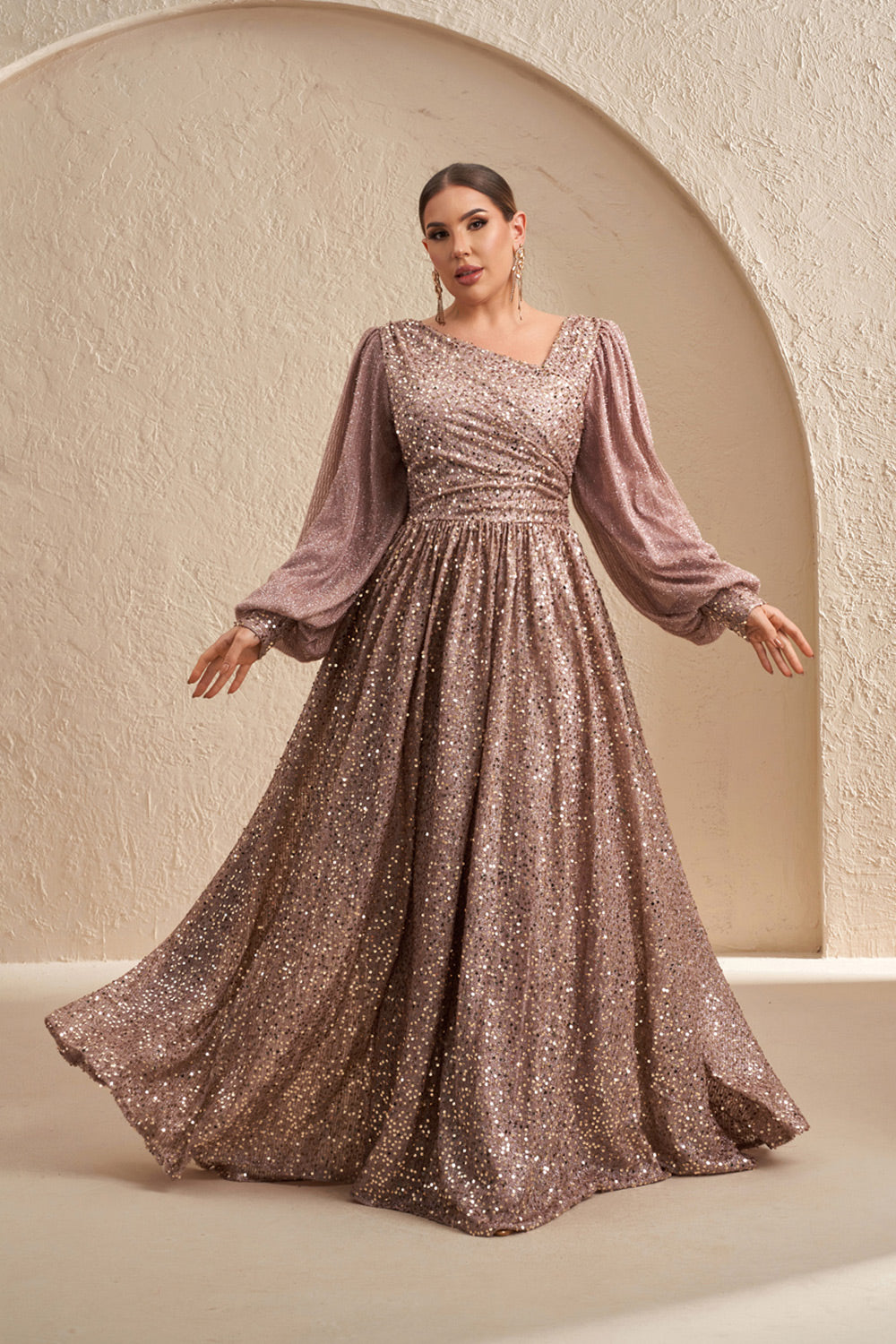 Plus Size Rose Gold Sequin A-Line Mother of the Bride Dress with Long Sleeve  SF605 Sheer Fairy
