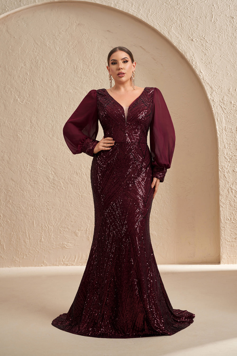 Long Sleeve Burgundy Sequins Mermaid Mother of the Bride Dress for Wed SHEER FAIRY Long Sleeve Burgundy Sequins Mermaid Mother of the Bride Dress for Wed SHEER FAIRY