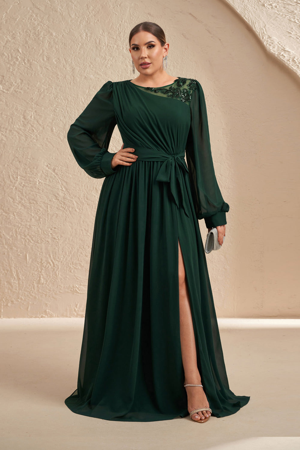 Emerald Green Long Sleeve Chiffon Mother of the Bride Dress with Sash  SF607 Sheer Fairy