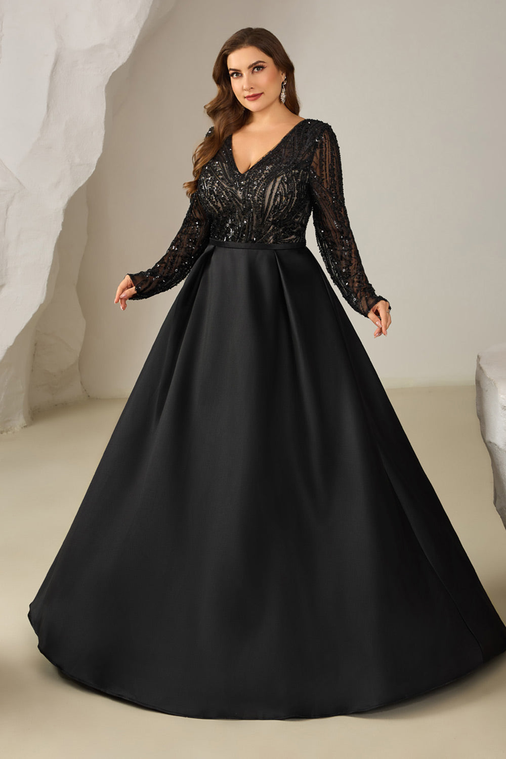 Sexy V Neck Long Sleeve Black Satin Mother of the Bride Dress Plus Size SF609 Sheer Fairy