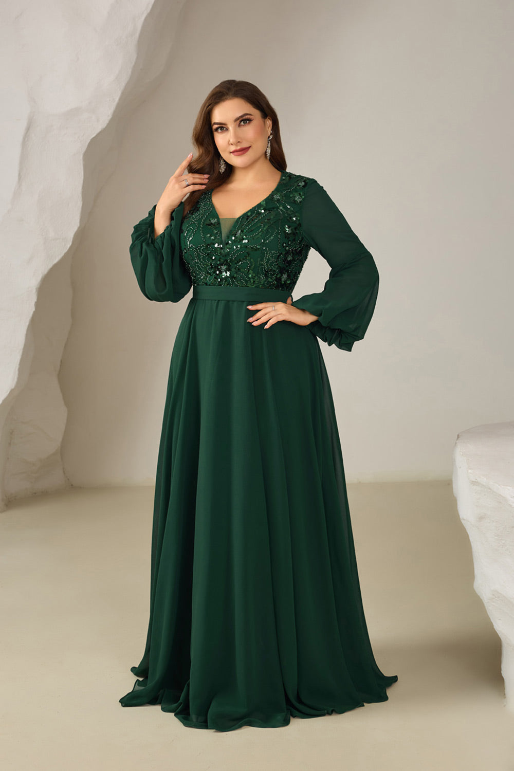 Sexy V Neck Long Sleeve Emerald Green Mother of the Bride Dress Chiffon Beaded  SF610 Sheer Fairy