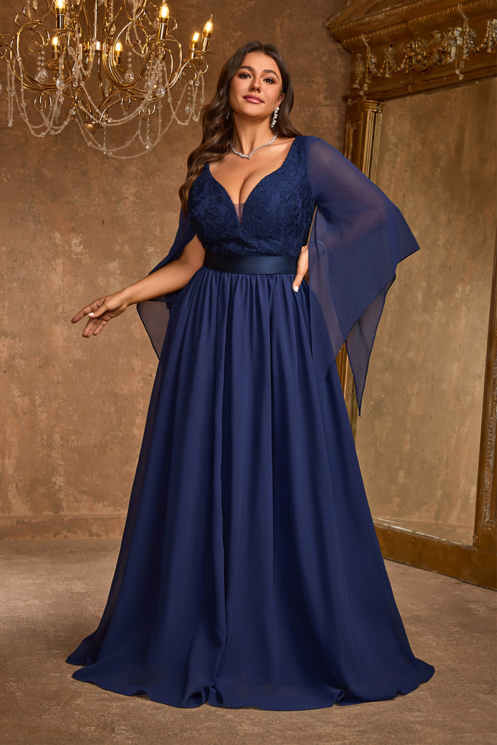 Sexy V Neck Plus Size Navy Blue Lace Mother of the Bride Dress with 3/4 Sleeve SF611 Sheer Fairy