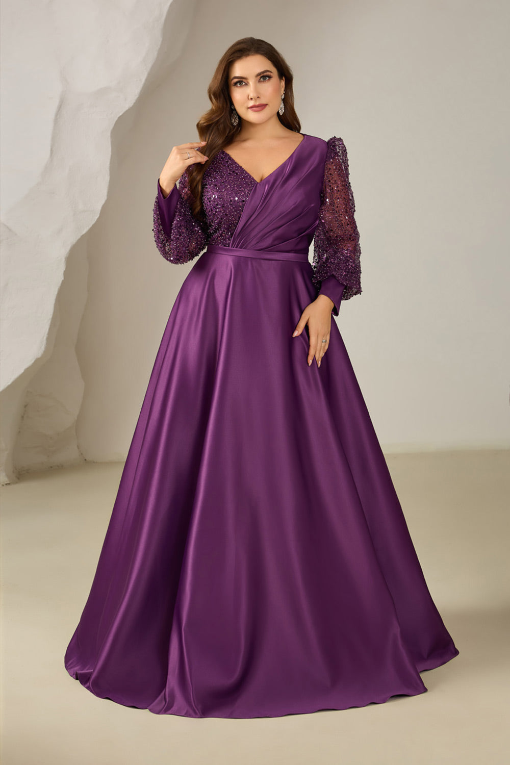 Plus Size Satin Long Sleeve Purple Mother of the Bride Dress for Wedding Party SF613 Sheer Fairy