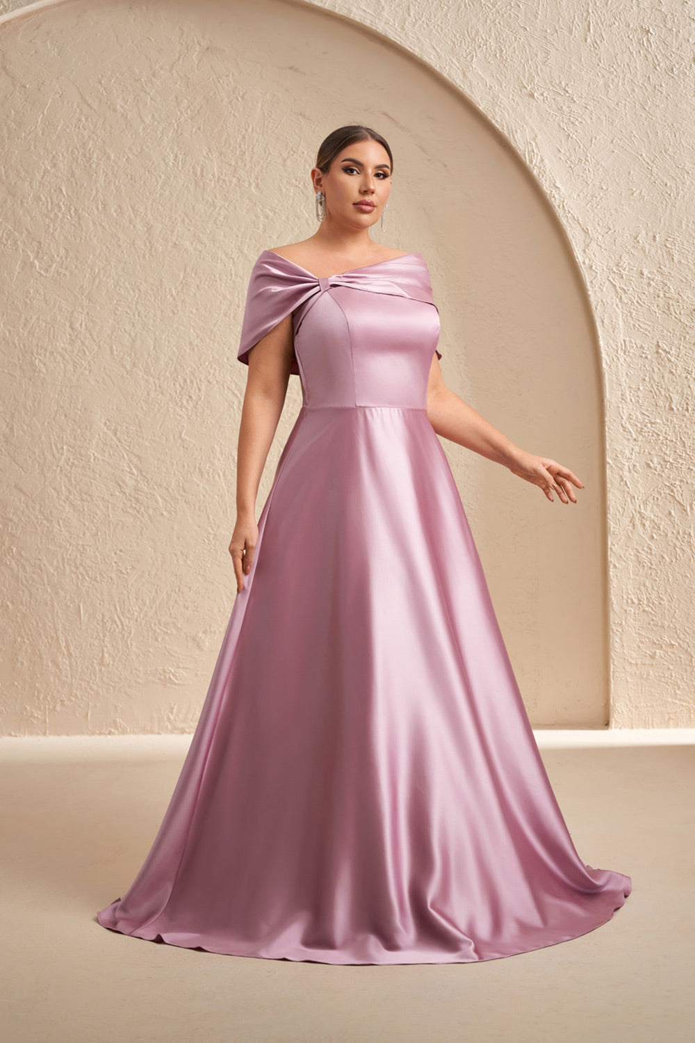 Plus Size Dusty Pink Off-the-Shoulder Satin Mother of the Bride Dress SF614 Sheer Fairy