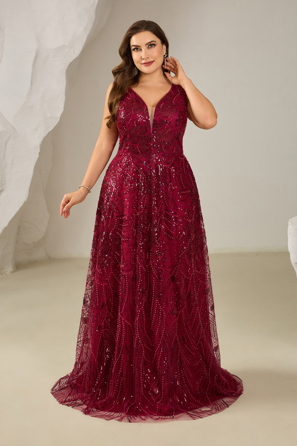 Sexy V Neck Long Burgundy Sequins Mother of the Bride Dress Plus Size SF615 Sheer Fairy