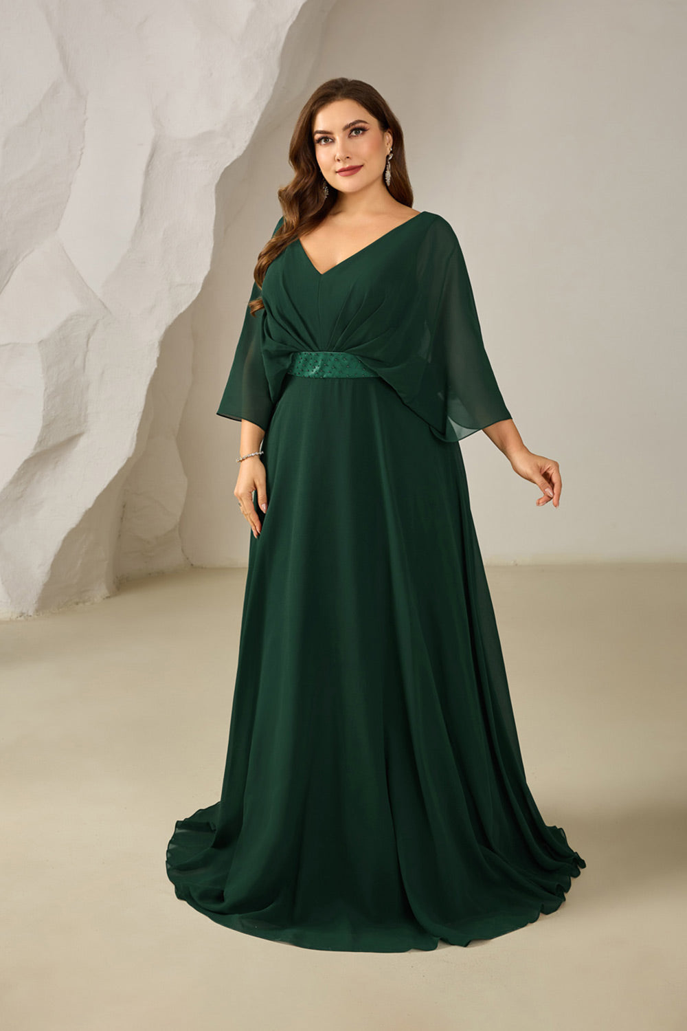 Emerald Green Chiffon Plus Size Mother of the Bride Dress with 3/4 Sleeve SF616 Sheer Fairy