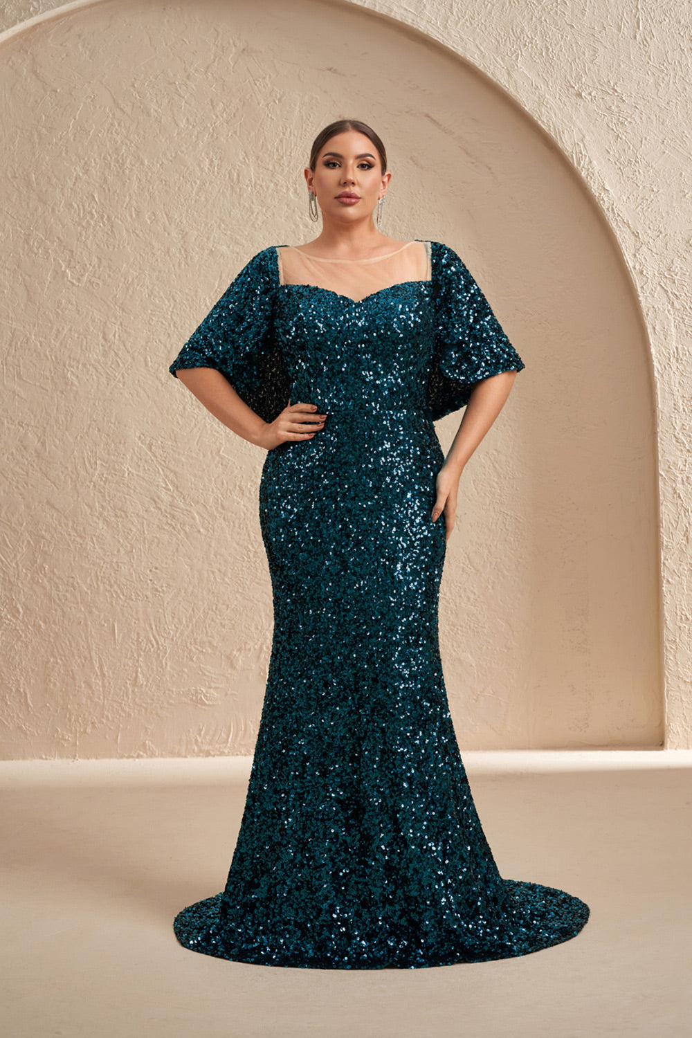 Sparkly Sequins Emerald Green Mermaid Mother of the Bride Dress With Half Sleeve SF618 Sheer Fairy