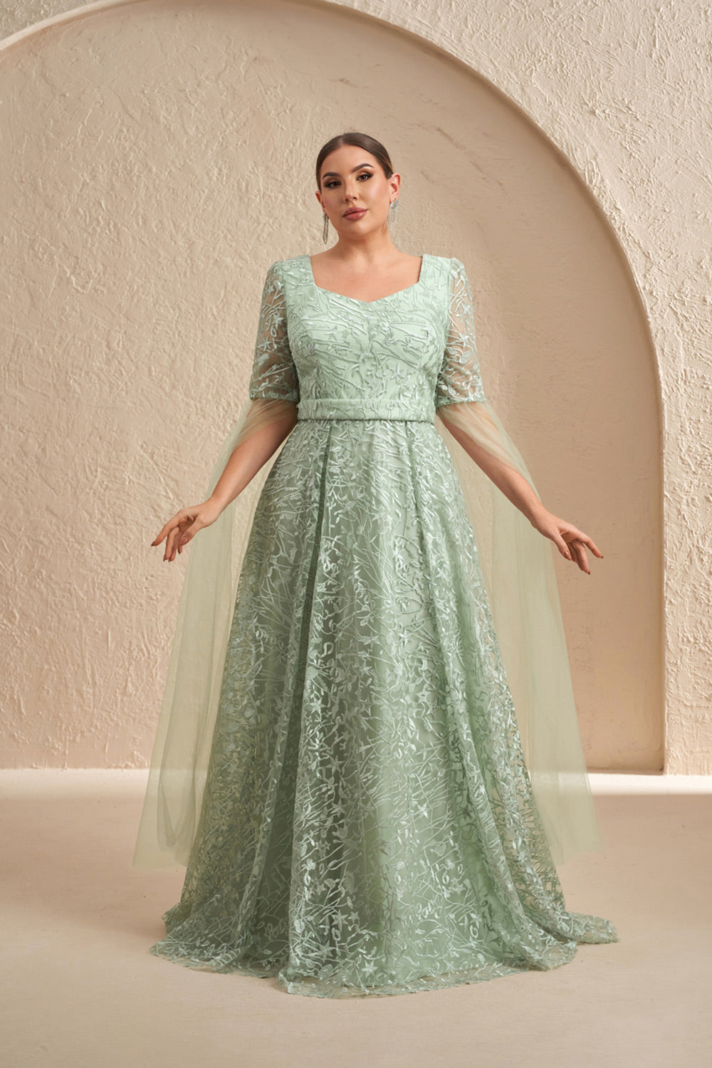 Mint Green Lace Half Sleeve Long Tulle Mother of the Bride Dress Plus Size SF619 Sheer Fairy