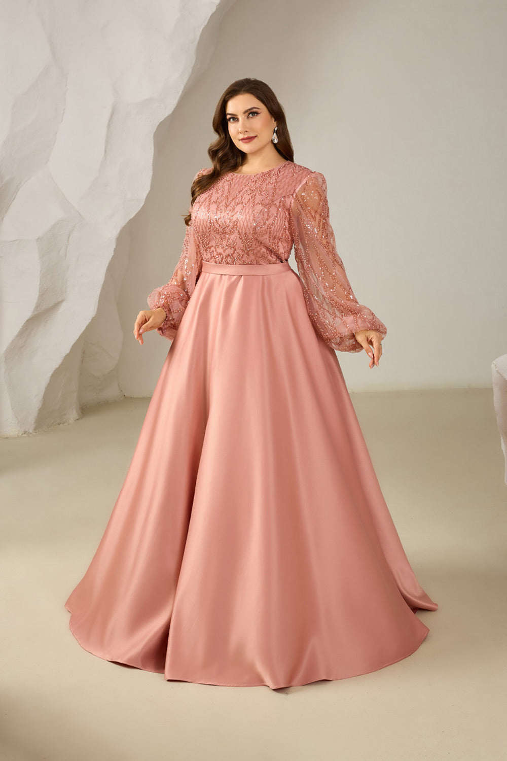 Long Sleeve Beaded Bodice Satin Plush Pink Mother of the Bride Dress Plus Size SF620 Sheer Fairy