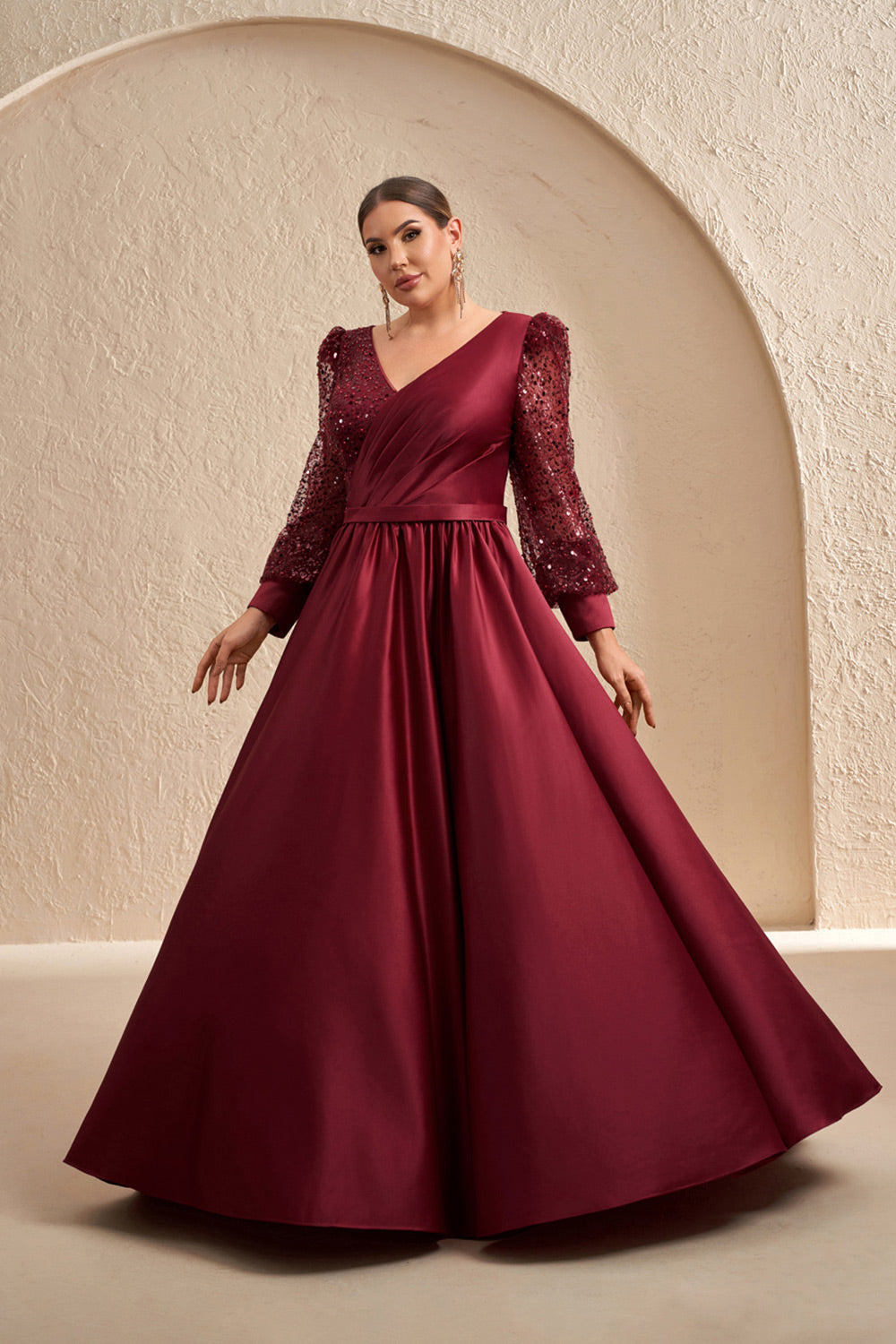Plus Size Burgundy Sequins Satin Long Sleeve Mother of the Bride Dress SF621 Sheer Fairy