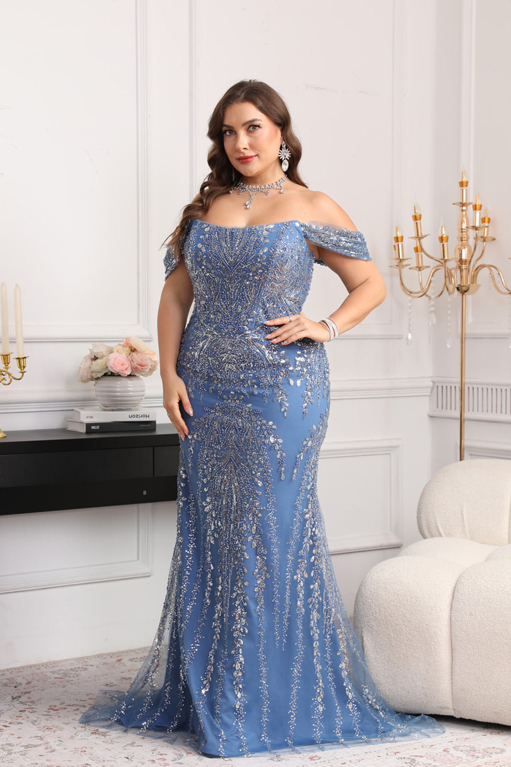 Off the Shoulder Blue Beaded Mermaid Mother of the Bride Dress Plus Size SF622 Sheer Fairy