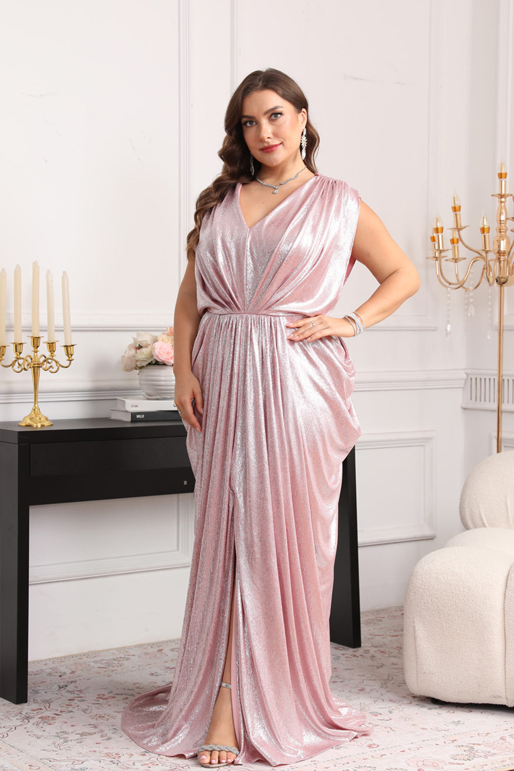 Plus Size V Neck Long Pink Mother of the Bride Dress for Wedding SF623 Sheer Fairy