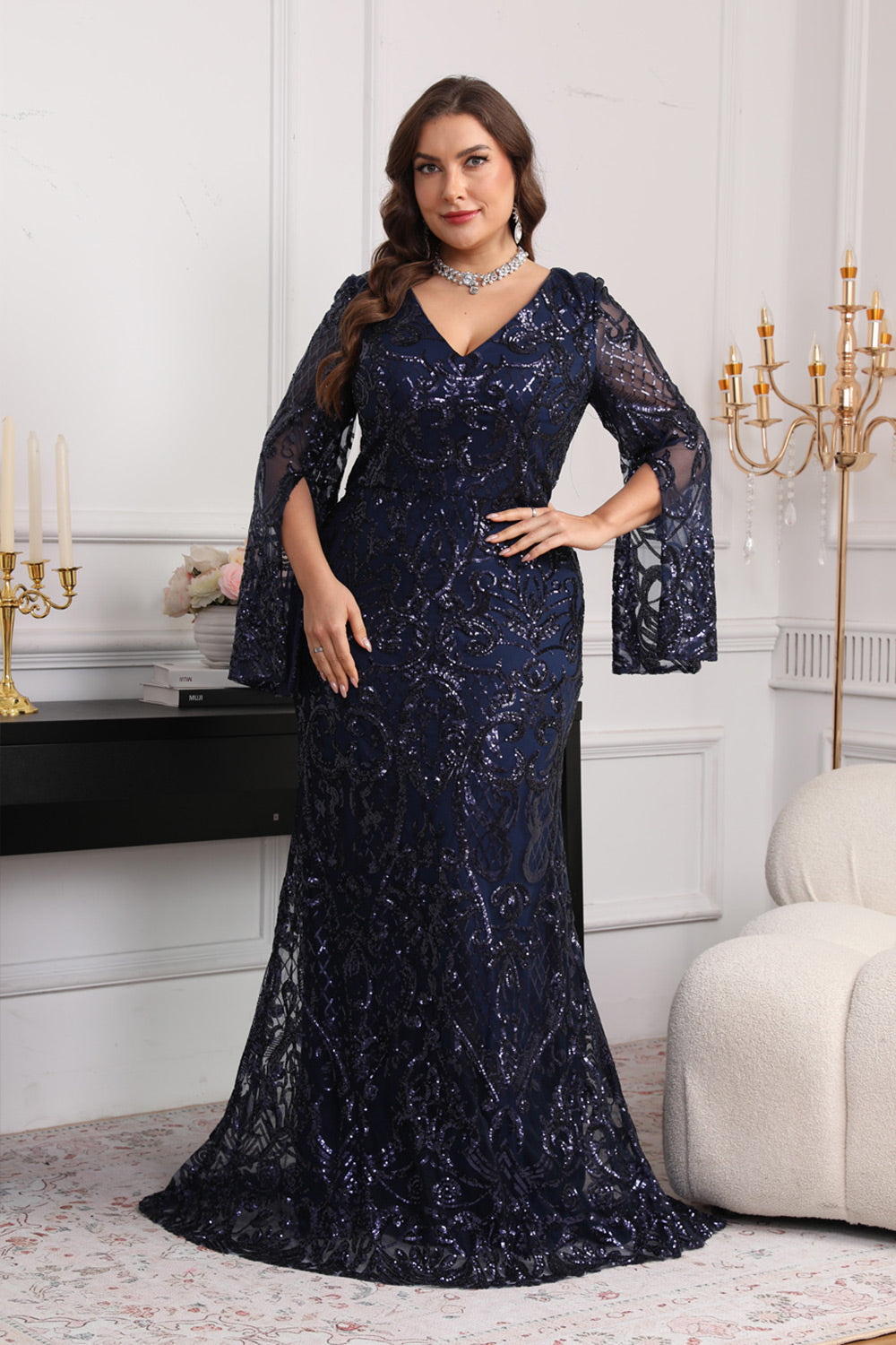 Sexy V Neck Mermaid Navy Blue Lace Mother of the Bride Dress Plus Size SF624 Sheer Fairy