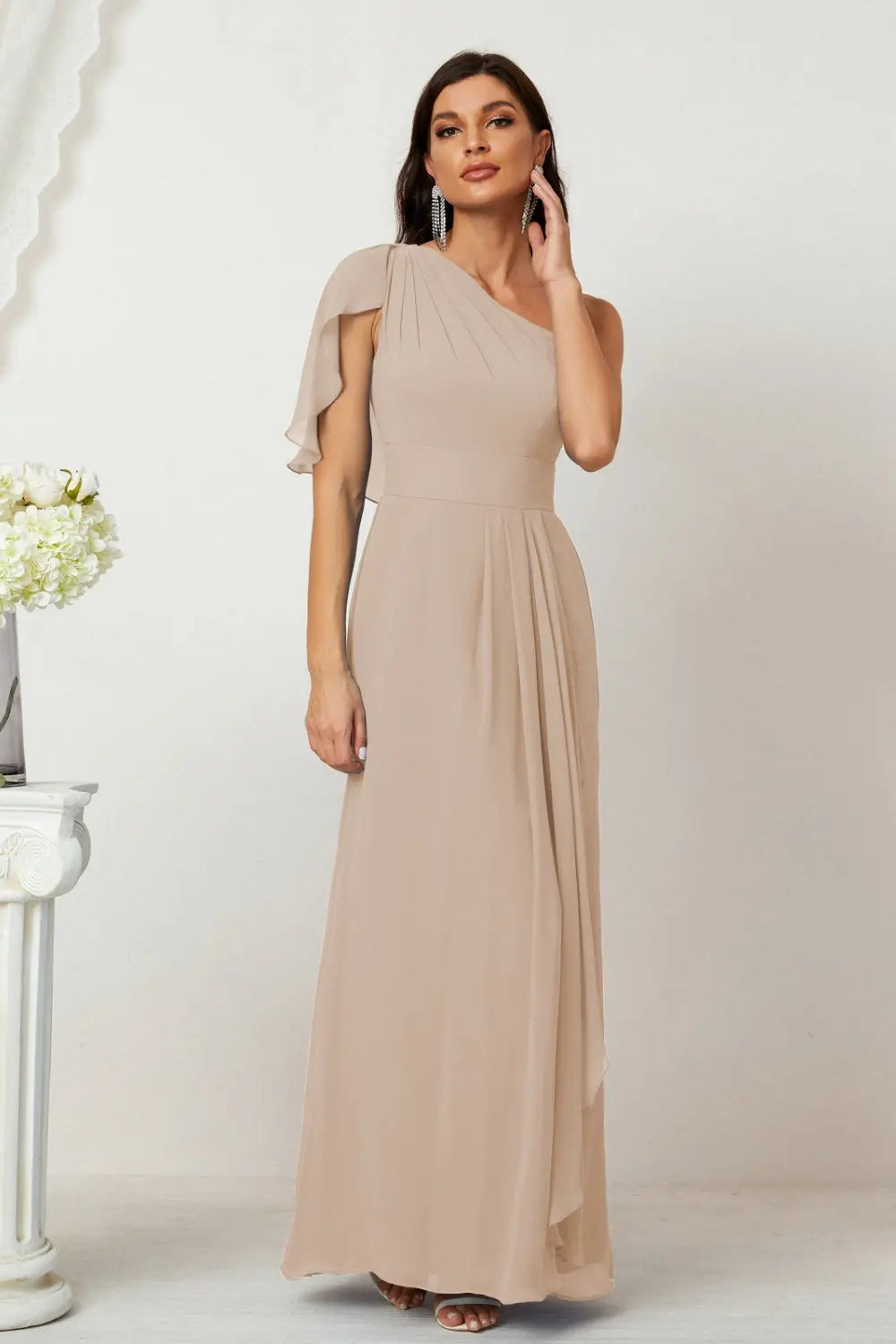 Dusty Blue One-Shoulder Chiffon A-Line Bridesmaid Dress BS028 Sheer Fairy