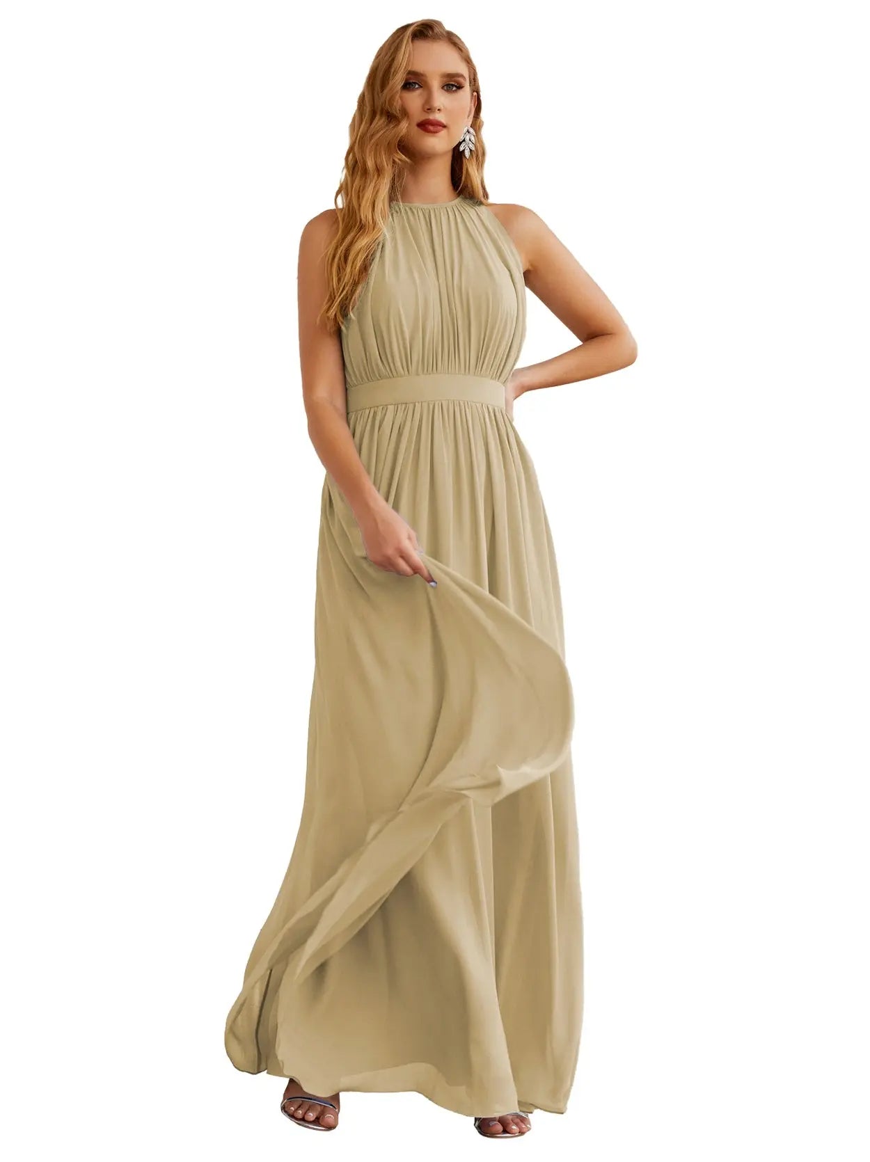 Elegant Dusty Blue High Neck Chiffon A-Line Bridesmaid Dress BS017 Sheer Fairy