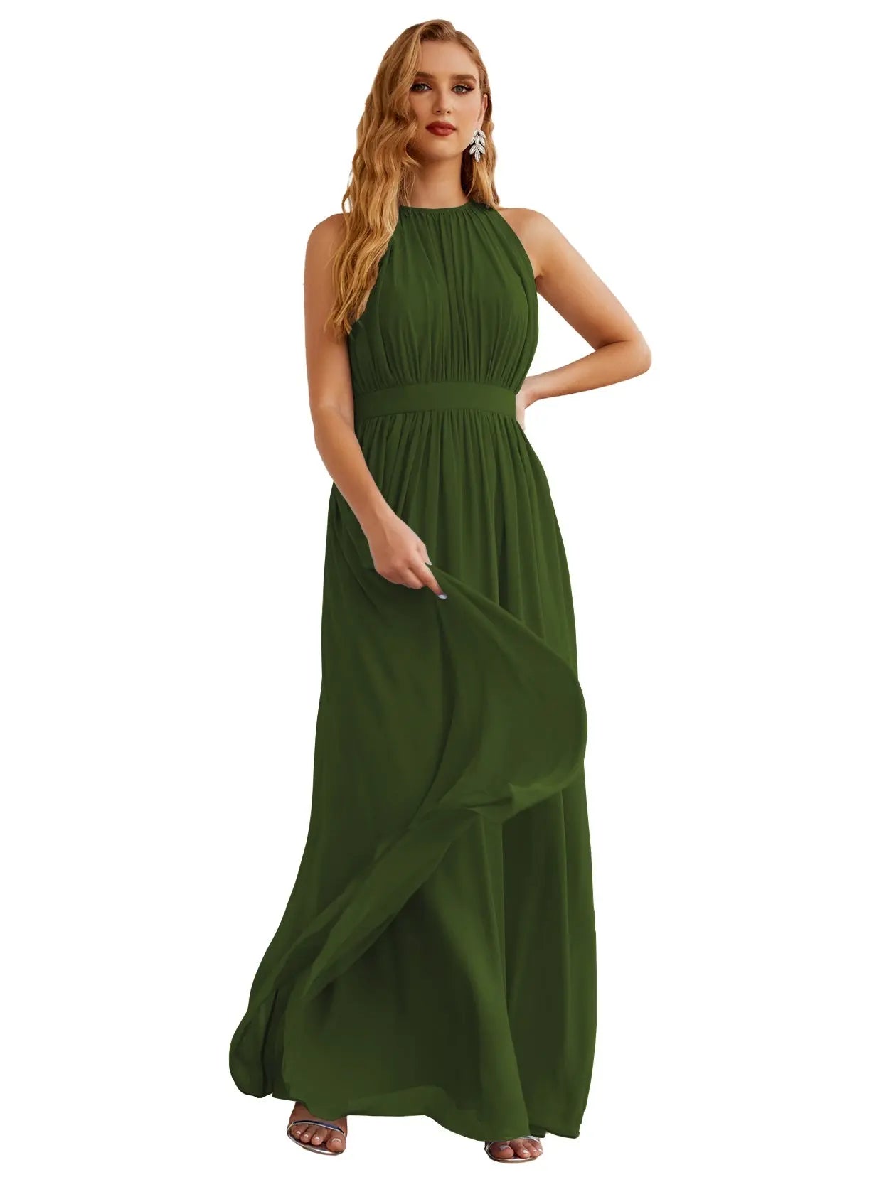 Elegant Dusty Blue High Neck Chiffon A-Line Bridesmaid Dress BS017 Sheer Fairy