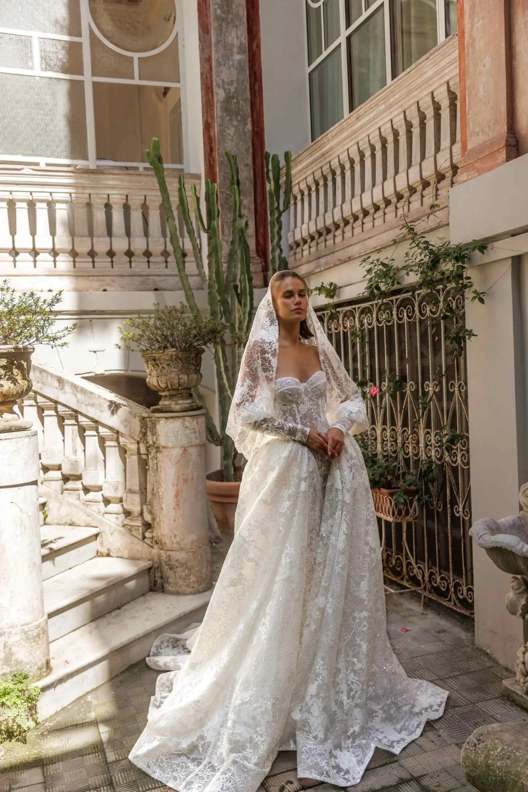 Long Puffed Sleeve Lace Ball Gown Wedding Dress SW184 Sheer Fairy