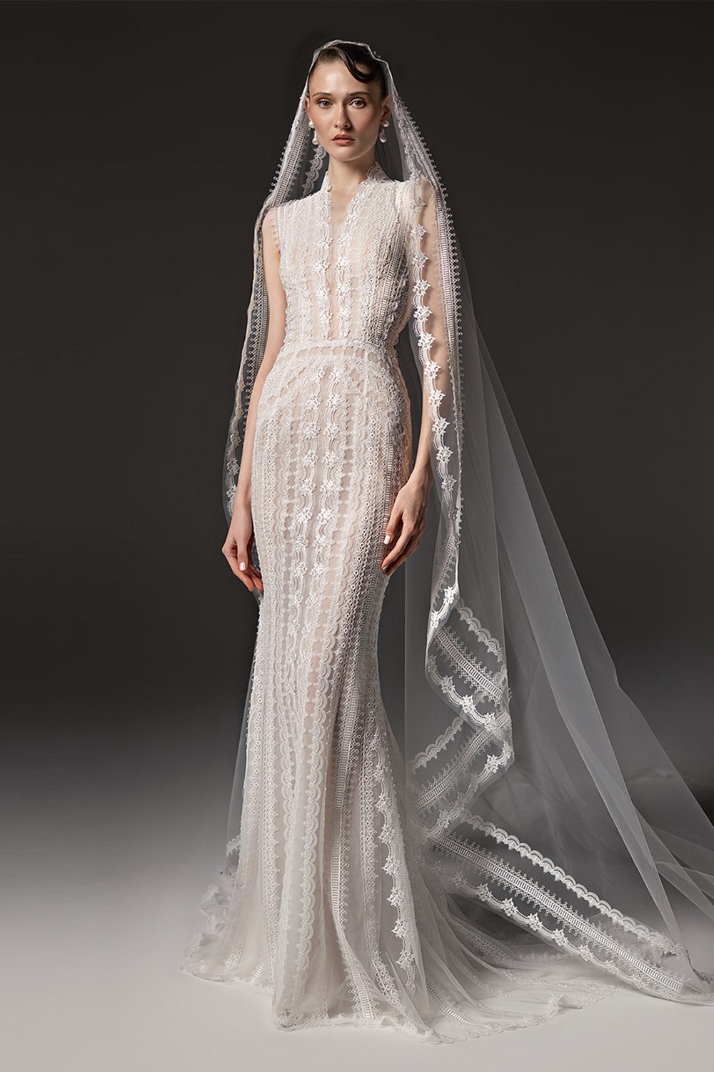 V Neck Elegant Lace Mermaid Wedding Dress with Cathedral Veil SW662 Sheer Fairy
