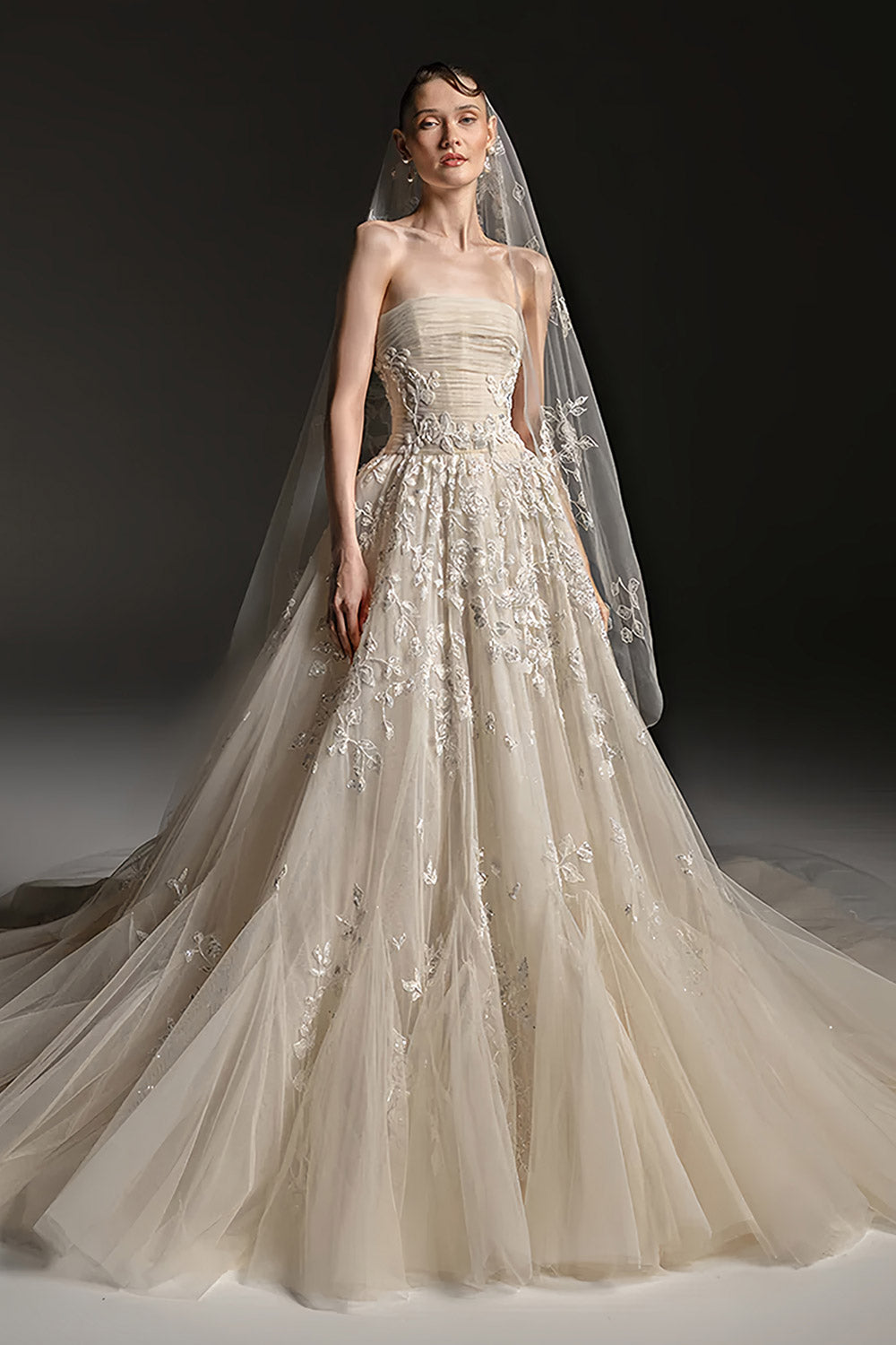 Elegant Champagne A-Line 3D Floral Wedding Dress with Veil SW664 Sheer Fairy