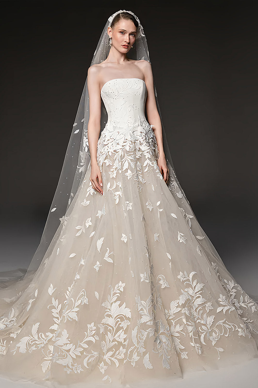 Romantic Floral Leaf Lace A-Line Champagne Wedding Dress with Cathedral Train & Veil SW665 Sheer Fairy