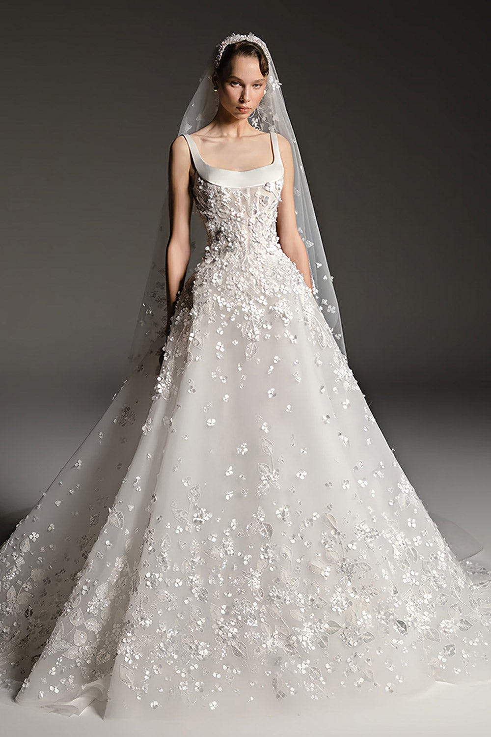Square Neck Ball Gown Wedding Dress with 3D Floral & Veil SW666 Sheer Fairy