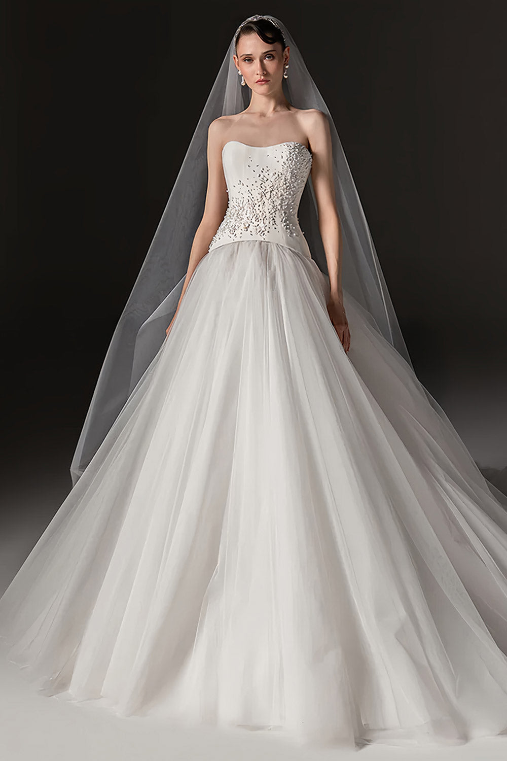 Strapless Floral Lace Ball Gown Champagne Wedding Dress with Veil SW667（副本） Sheer Fairy