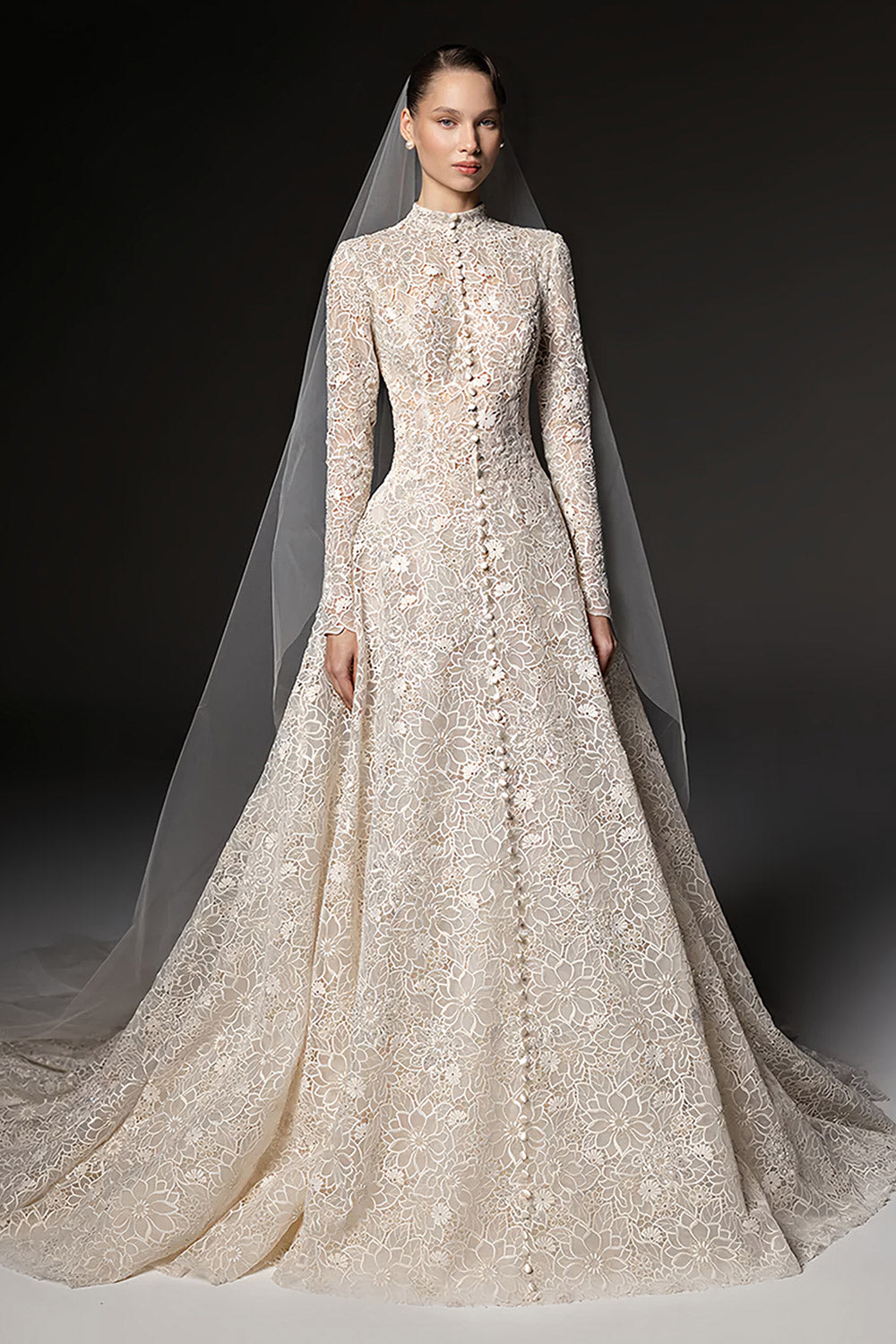 High Neck Long Sleeve Lace A-Line Wedding Dress with Pearl Buttons SW669 Sheer Fairy