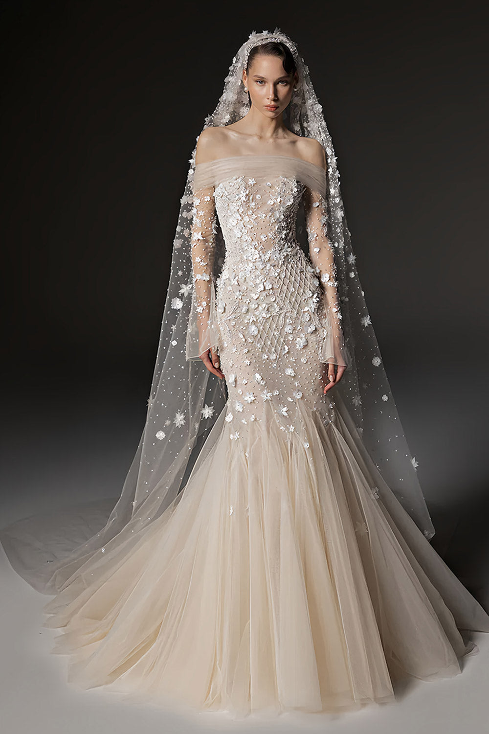 Elegant Champagne Floral Tulle Mermaid Off the Shoulder Wedding Dress with Long Sleeve SW670 Sheer Fairy