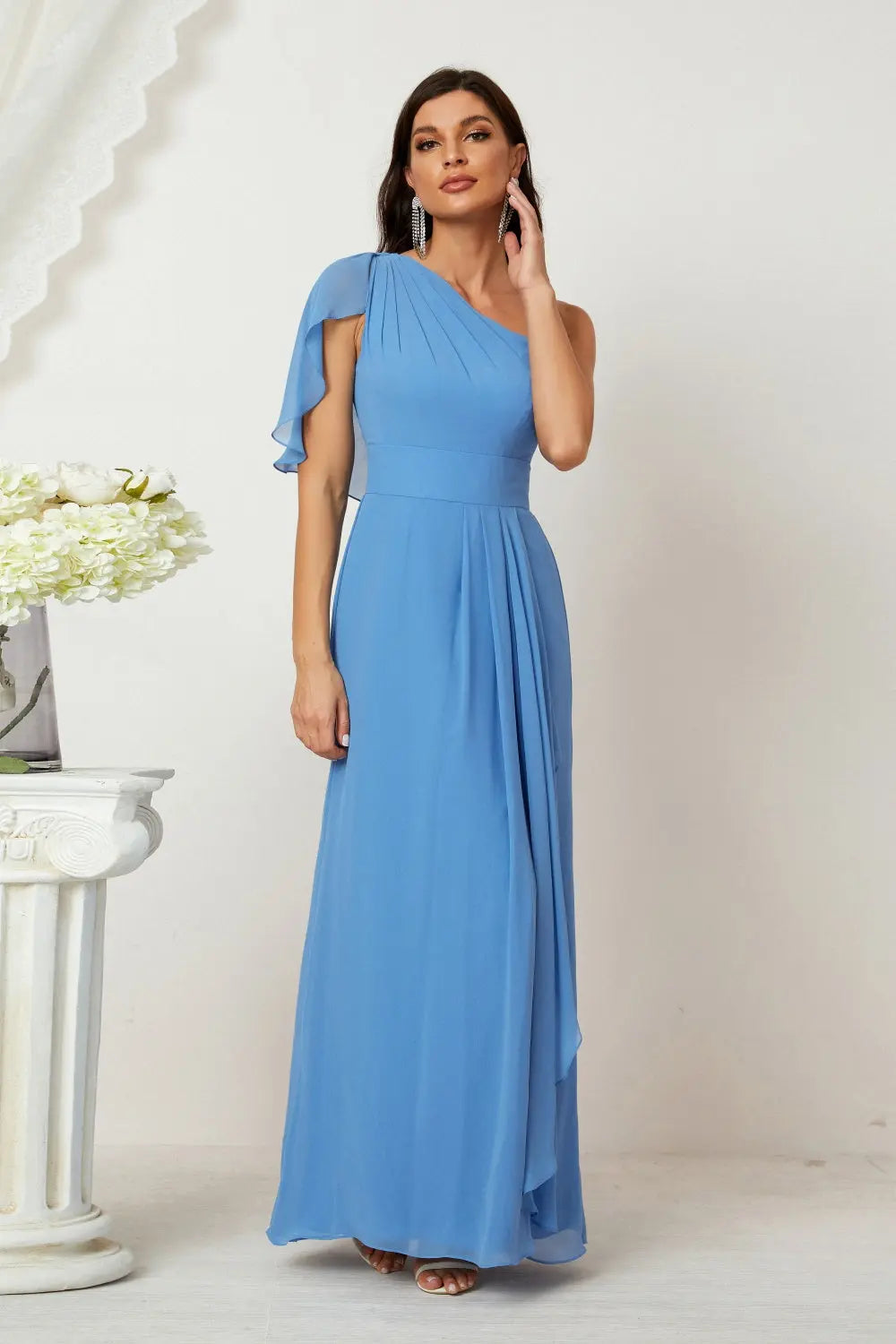 Dusty Blue One-Shoulder Chiffon A-Line Bridesmaid Dress BS028 SHEER FAIRY Dusty Blue One-Shoulder Chiffon A-Line Bridesmaid Dress BS028 SHEER FAIRY