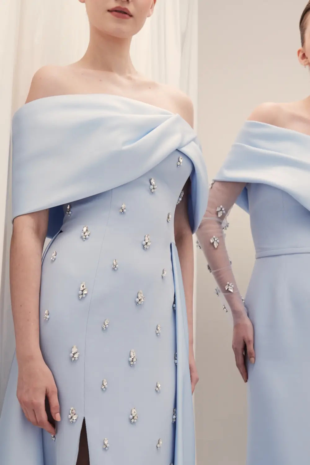 Asymmetric Off-the-Shoulder Dusty Blue Satin Evening Dress SF301 Sheer Fairy