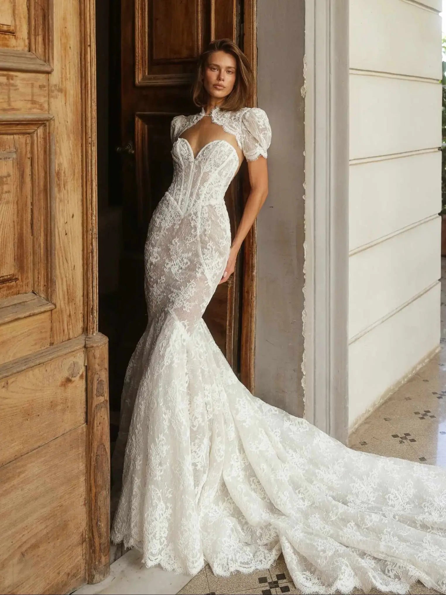 Vintage-Inspired Lace Mermaid Wedding Dress with Puffed Short Sleeves SW180 Sheer Fairy
