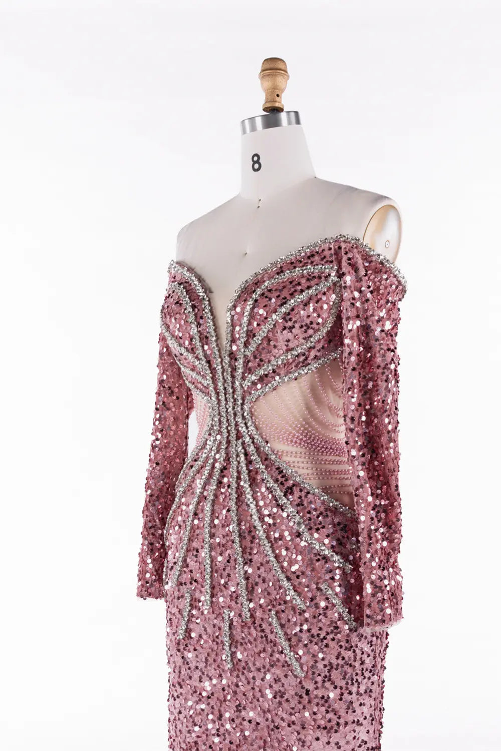 Elegant Pink Beaded Off Shoulder Sequin Evening Dress ST054 Sheer Fairy