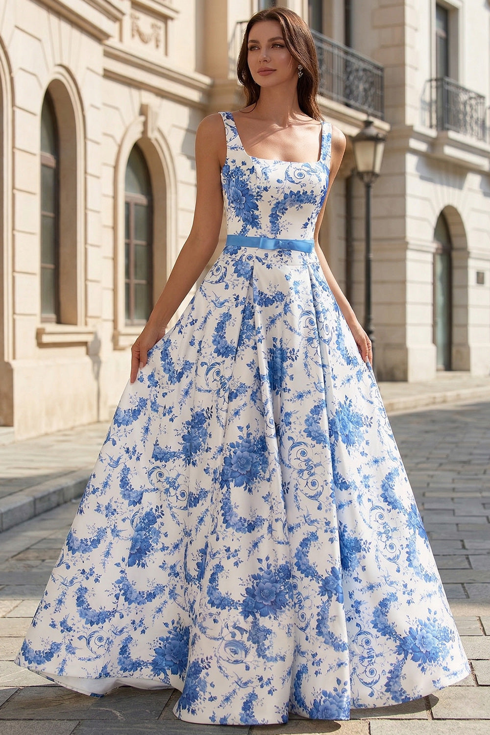 Blue White Floral A Line Prom Dress with Bow Belt SH734 Sheer Fairy