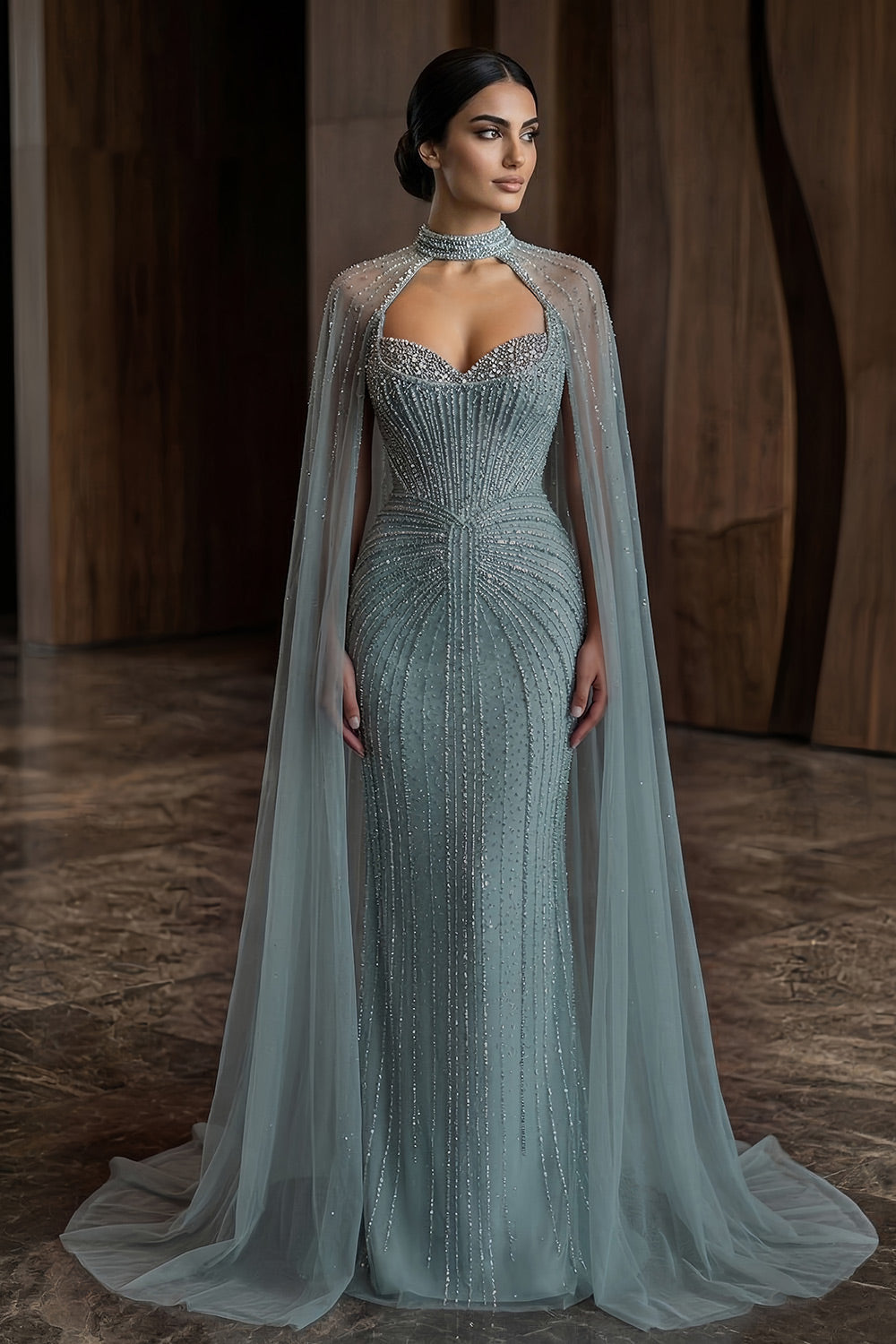 Luxury Mint Green Beaded Mermaid Evening Dress with Cape SS156 Sheer Fairy