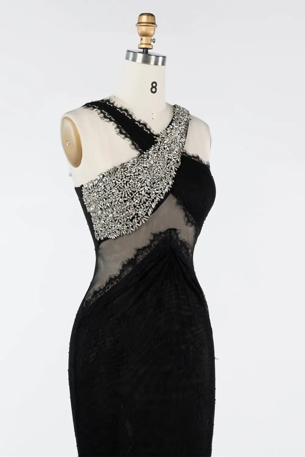 Black Asymmetrical Crystal Strap Sheer Lace Evening Gown ST045 Sheer Fairy