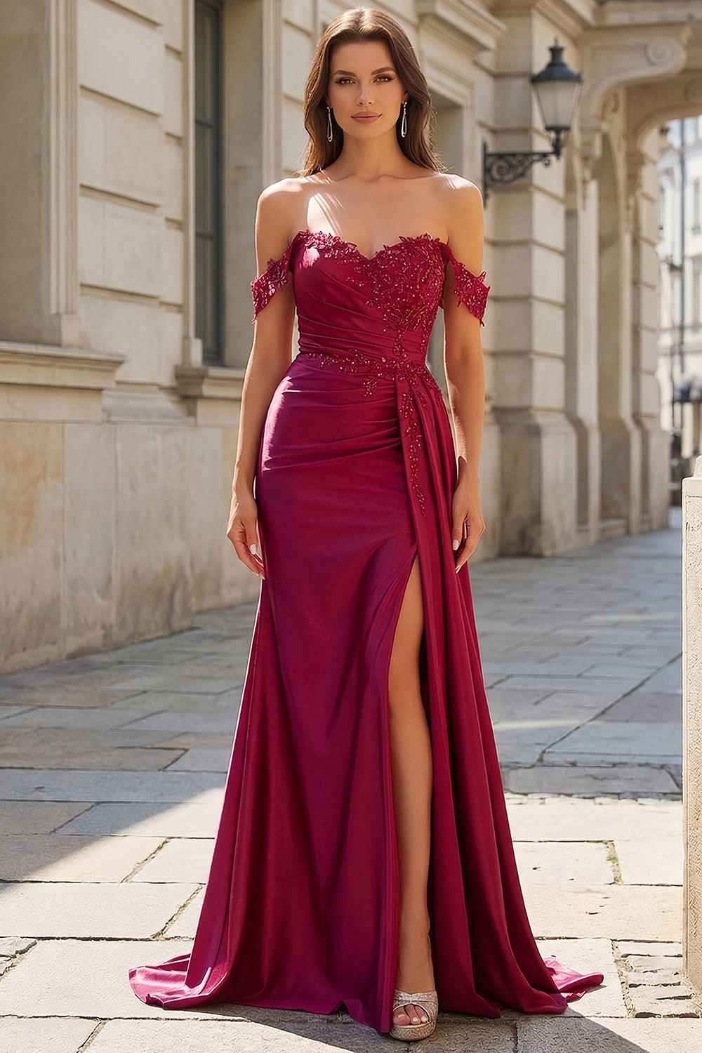Burgundy Off-the-Shoulder Lace Applique Mermaid Prom Dress with Drape SH770 Sheer Fairy