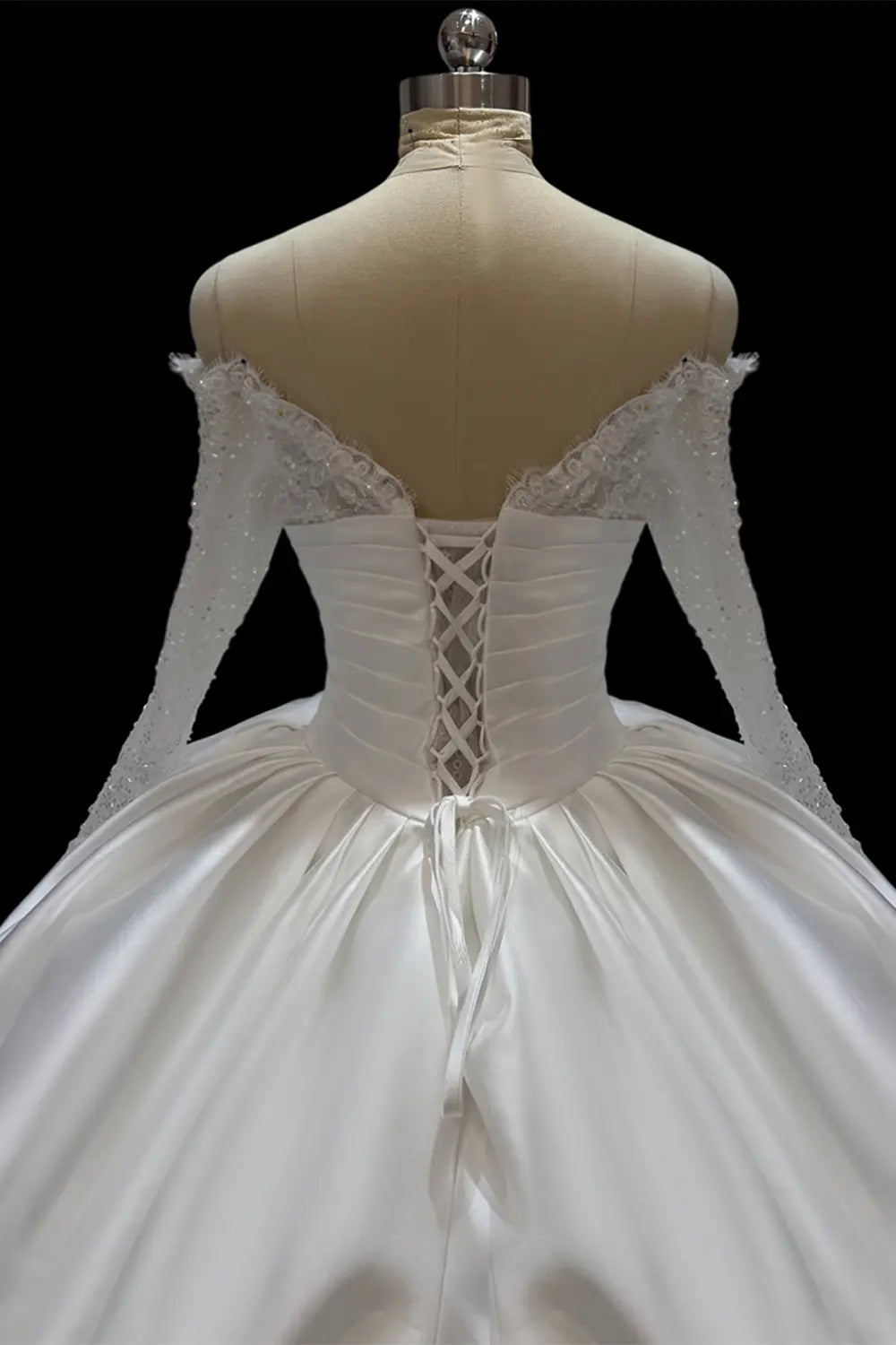 Ivory Satin Long Sleeve Off Shoulder Wedding Dress SW688 Sheer Fairy