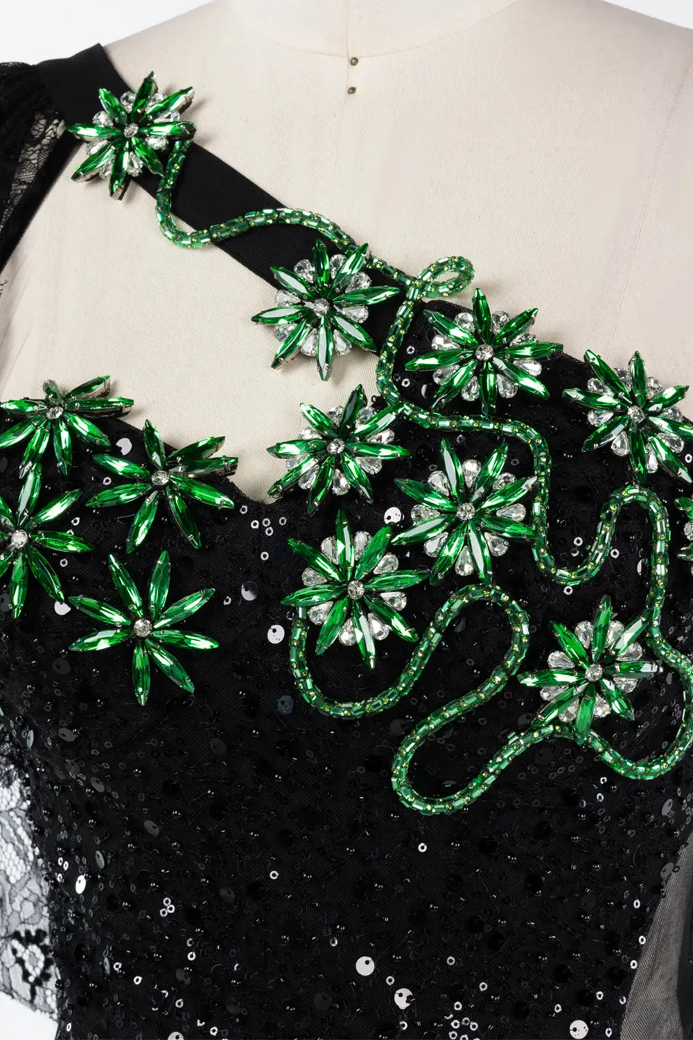 Black One Shoulder Sequin Evening Gown with Green Floral Detail ST048 Sheer Fairy