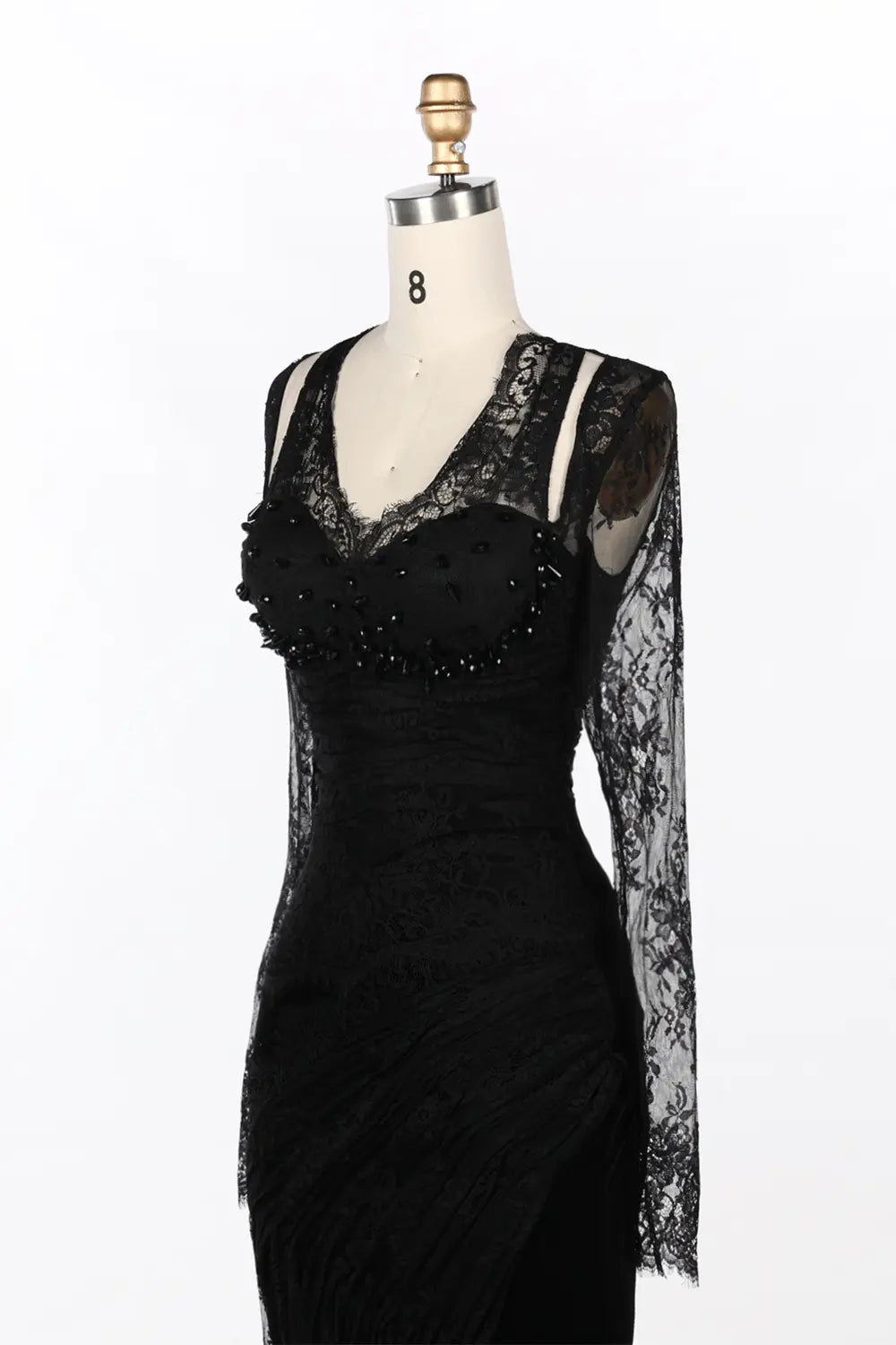 Black Beaded Lace Sleeve Mermaid Evening Dress ST093 Sheer Fairy