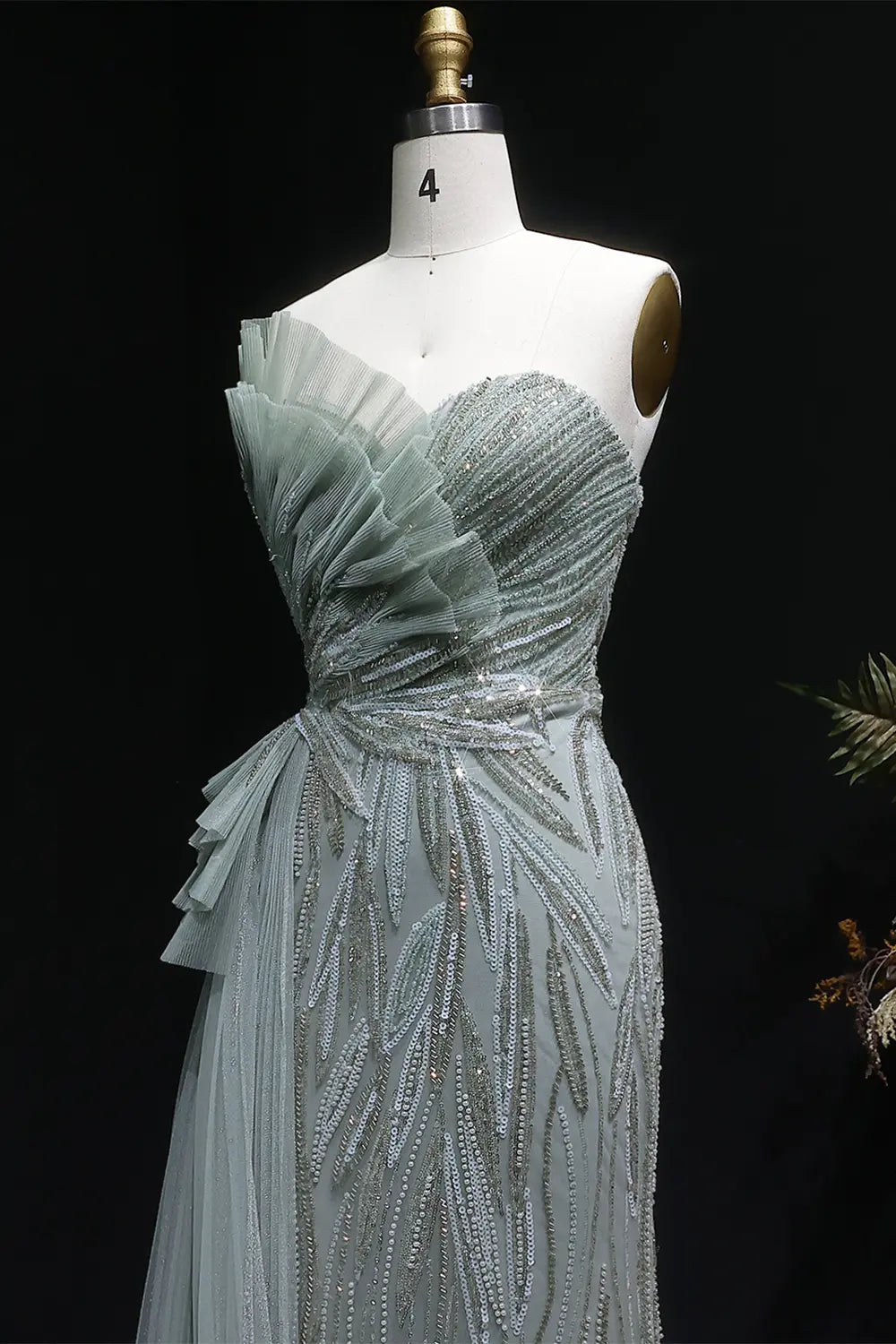 Sage Green One-Shoulder Beaded Tulle Mermaid Prom Dress Evening Gown with Ruffle SH064 Sheer Fairy