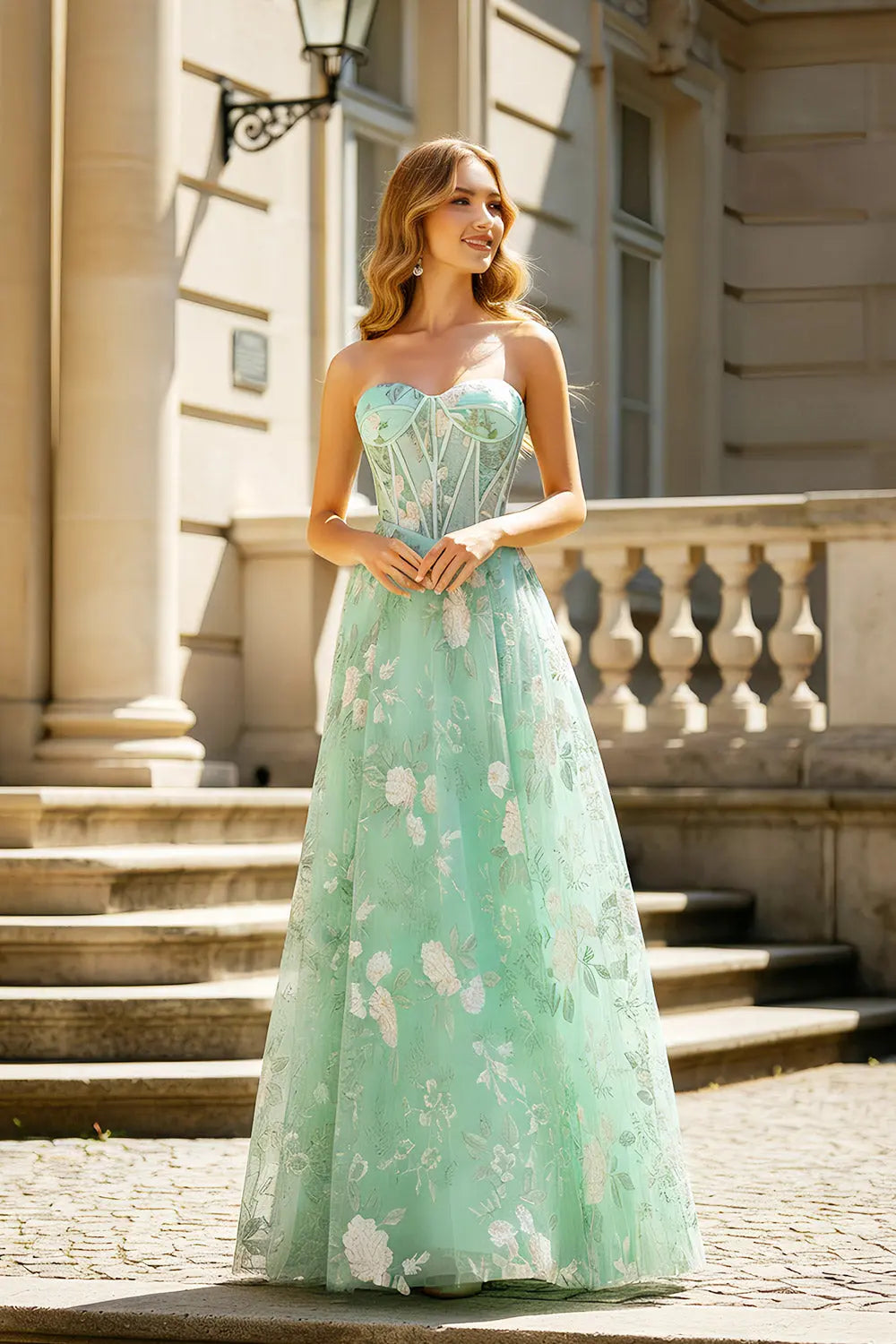 Elegant Strapless Sweetheart White Floral Lace A-Line Prom Dress SH409 Sheer Fairy