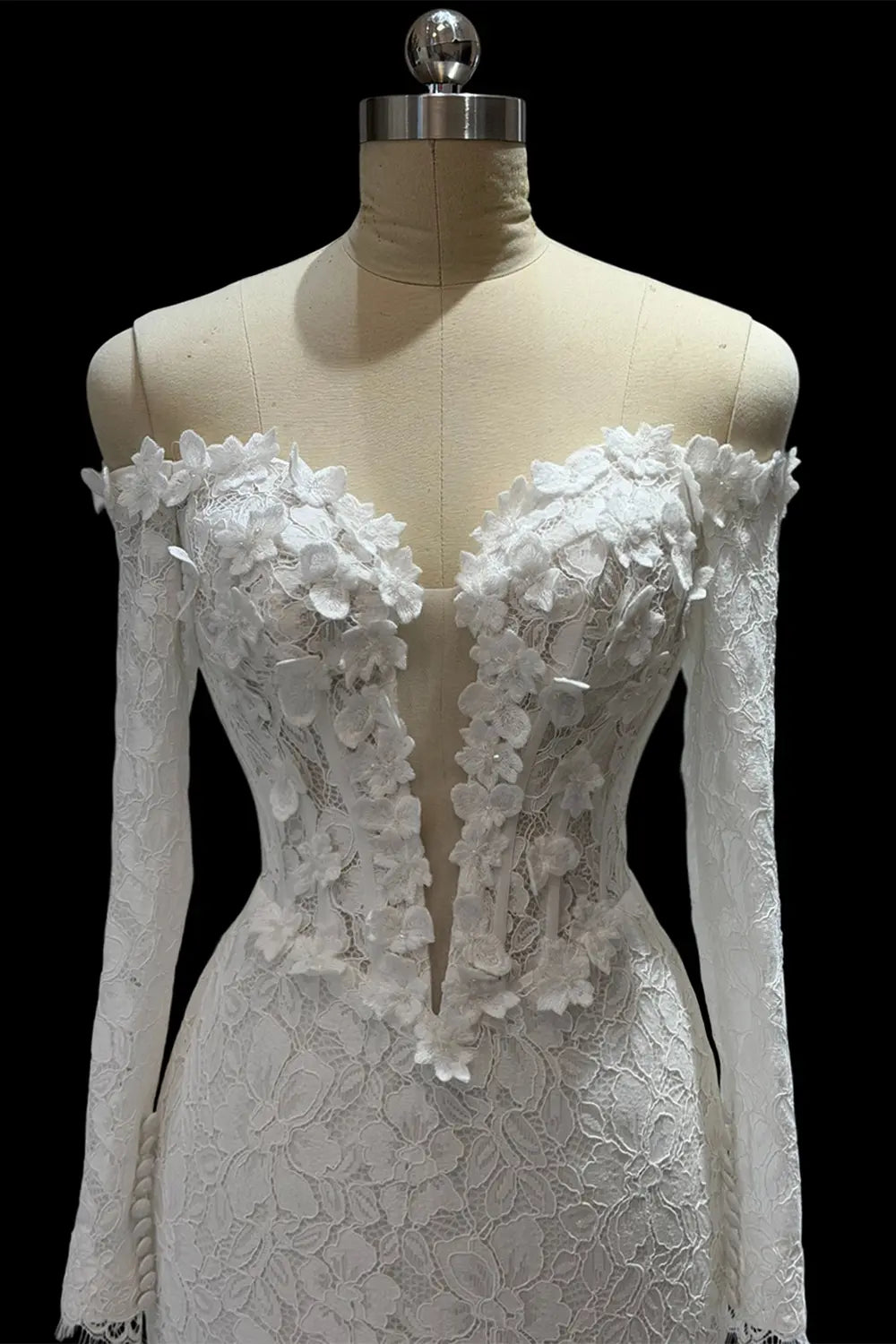 Ivory Floral Lace Long Sleeve Wedding Dress SW689 Sheer Fairy