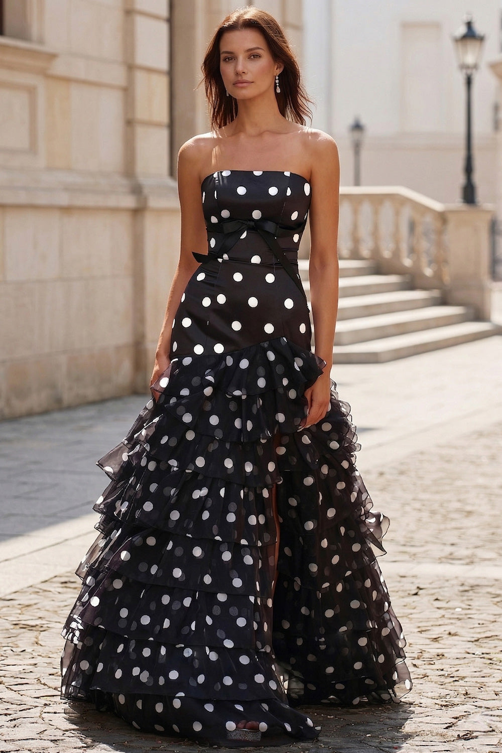 Black Strapless Prom Dress with Ruffle Tiered Skirt and Bow Detail SH735 Sheer Fairy