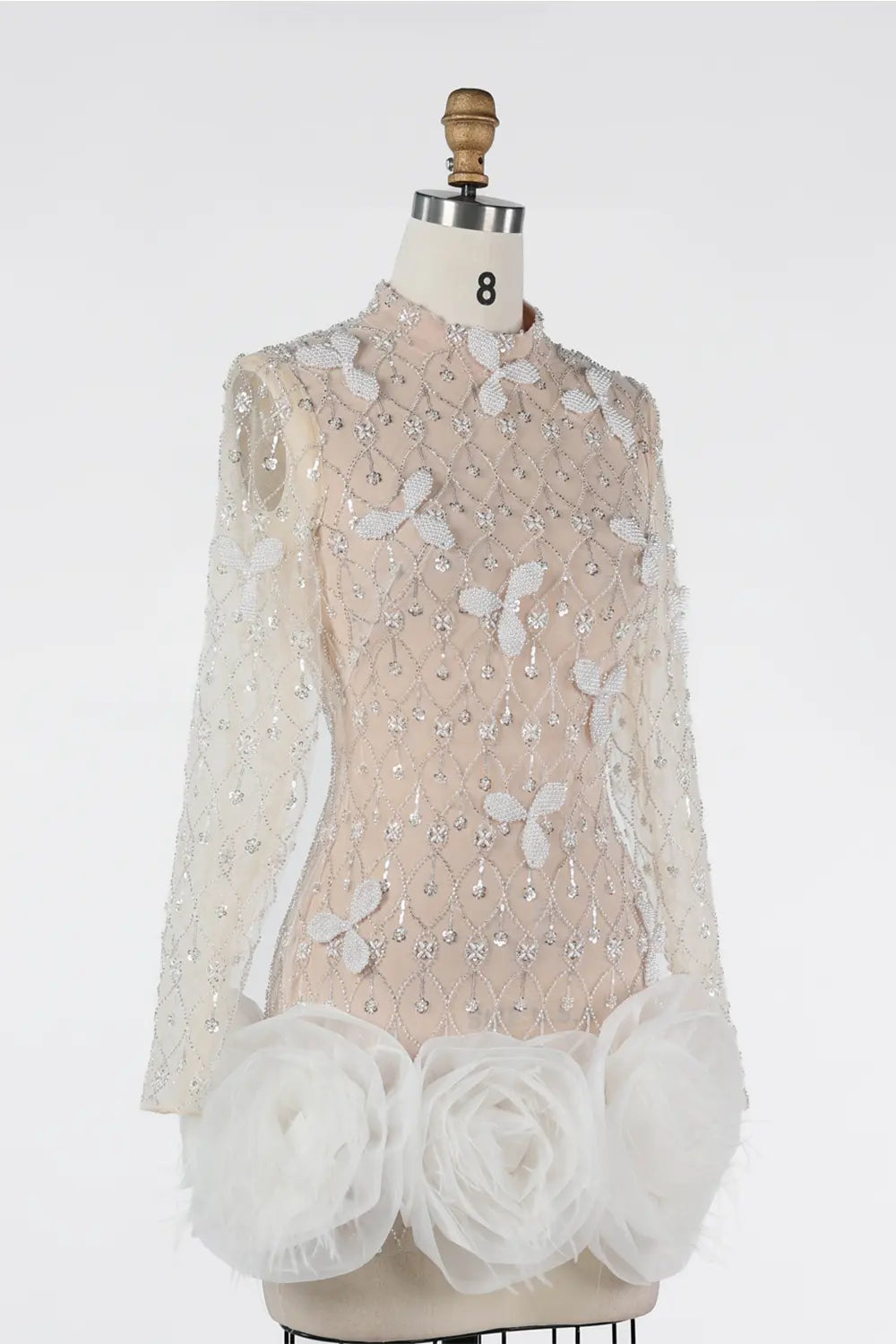 White Nude Long Sleeve Beaded 3D Floral Hem Mini Evening Dress ST037 Sheer Fairy