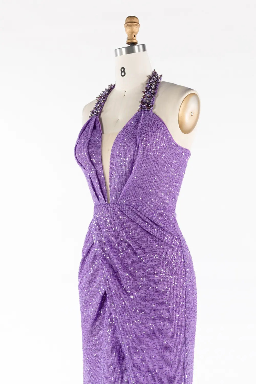 Purple Beaded Halter Neck Sequin High Slit Evening Gown ST056 Sheer Fairy