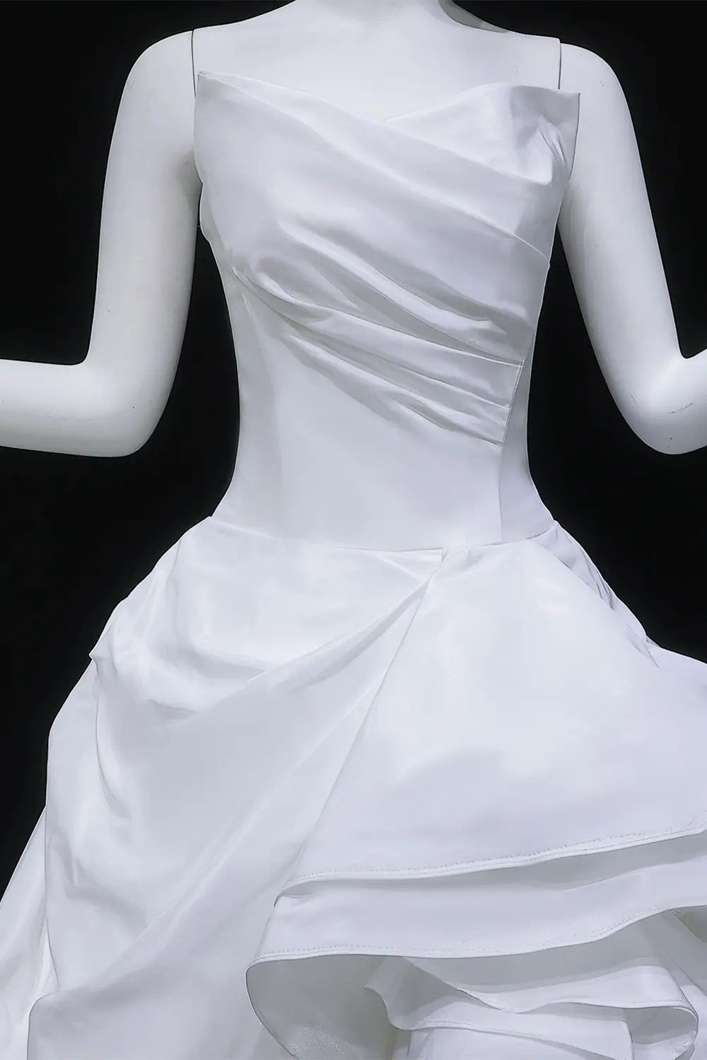 White Strapless Cascading Ruffle Satin Ball Gown Wedding Dress SW628 Sheer Fairy