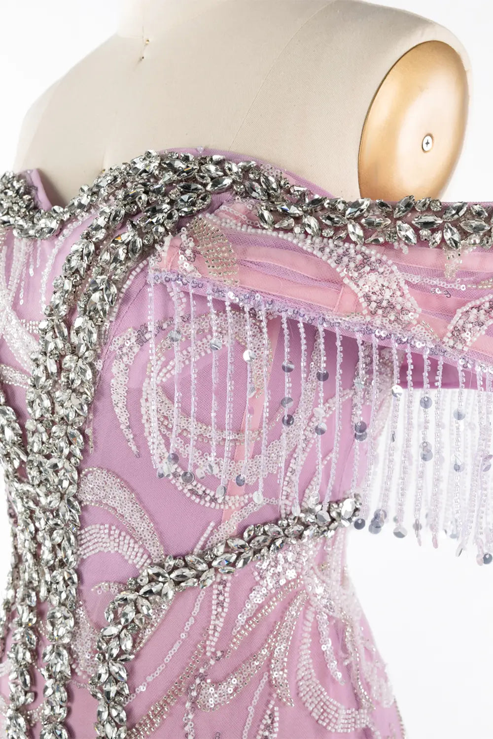 Lilac Off The Shoulder Beaded Fringe Formal Evening Dress ST053 Sheer Fairy