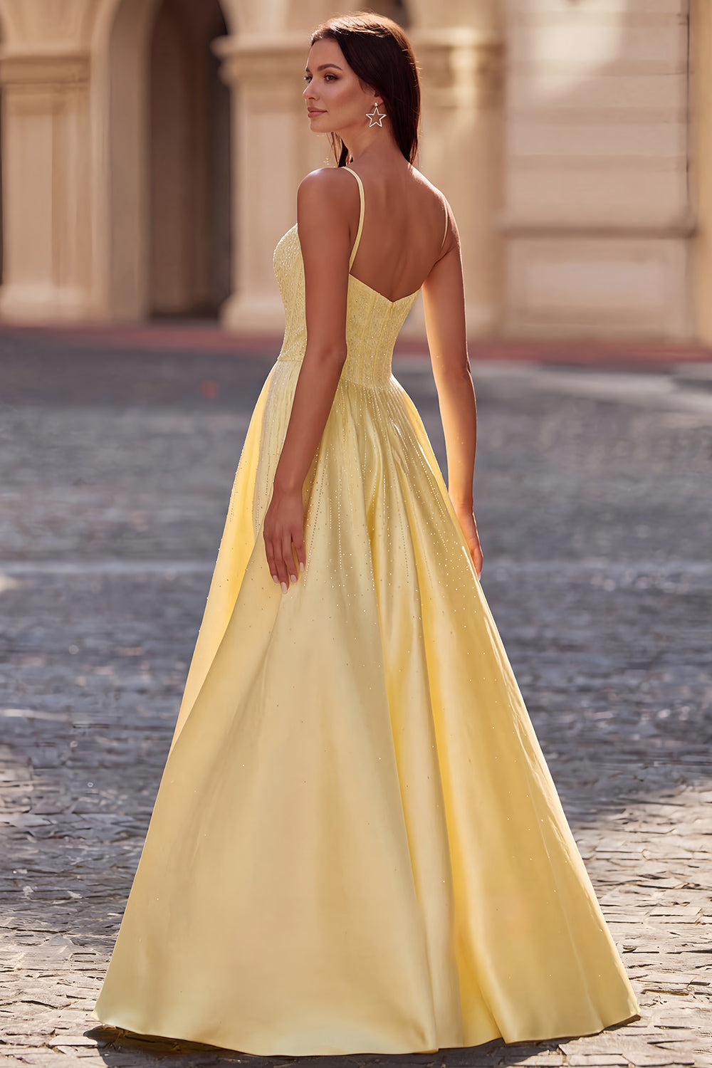 A Line Satin Long Yellow Prom Dress with Spaghetti Strap  SH726 Sheer Fairy
