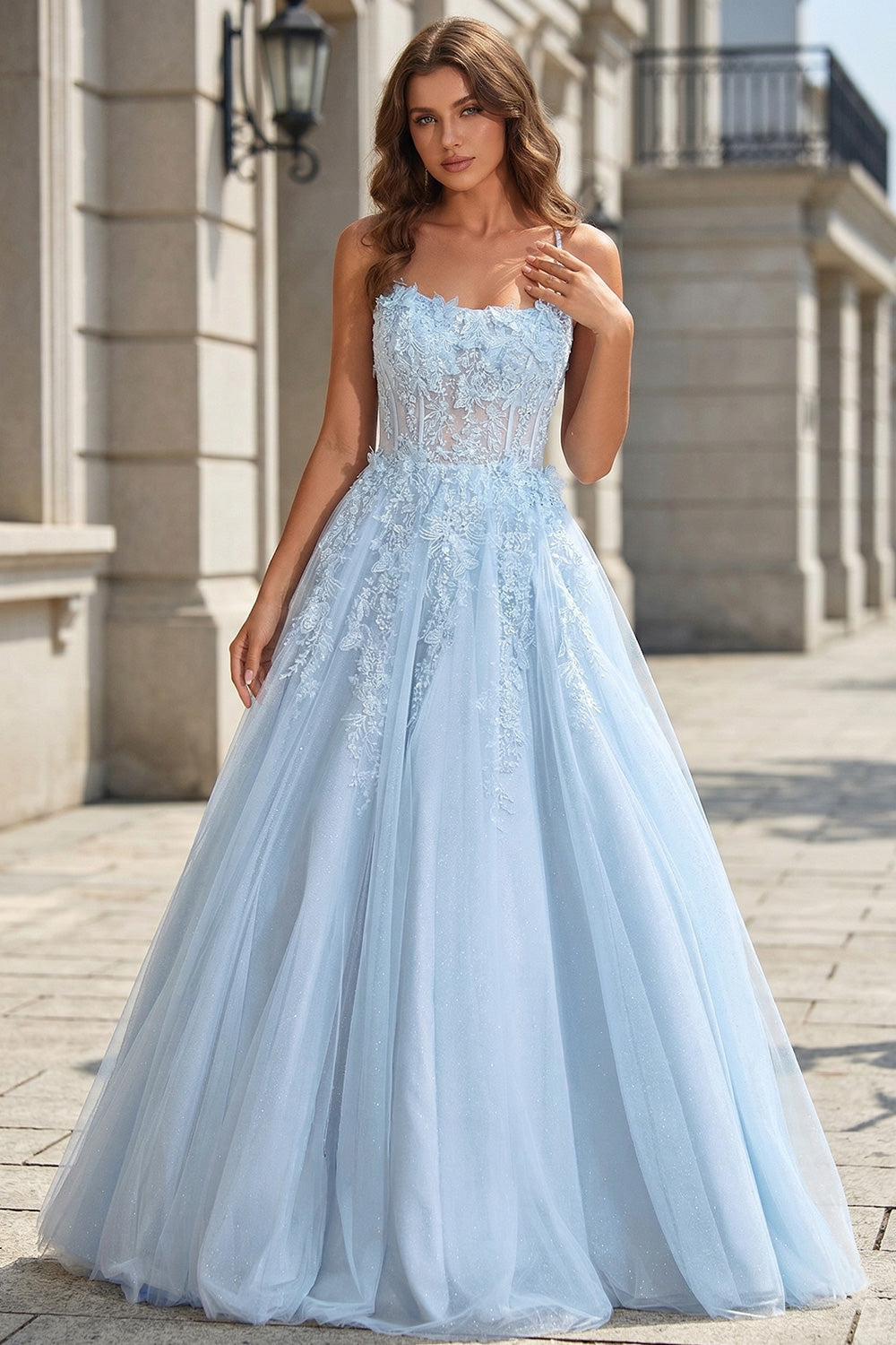 A Line Light Blue Tulle Prom Dress with Spaghetti Strap SH731 Sheer Fairy